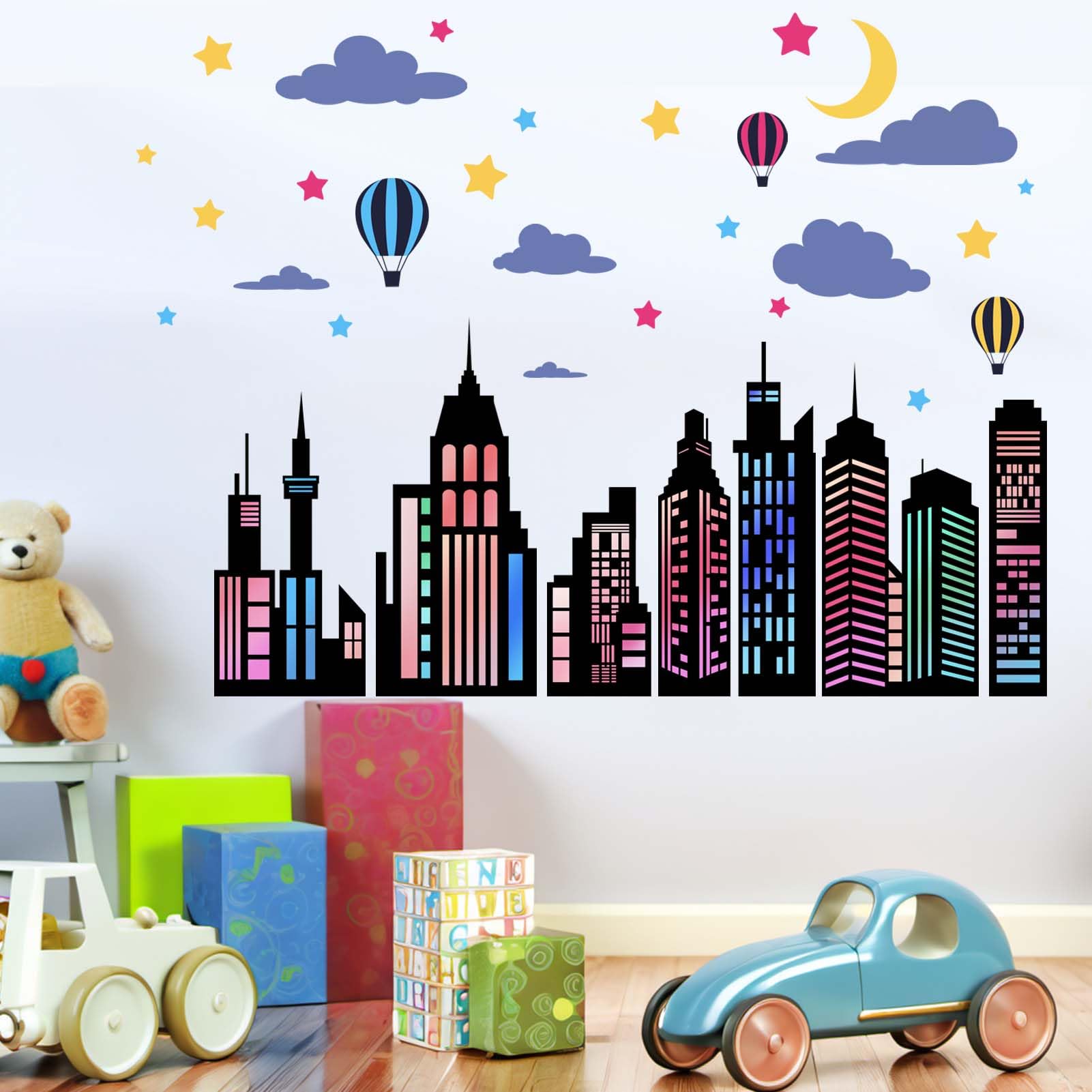 City Wall Stickers for Boys Room: Peel and Stick Colorful Hero Skyline Building Stars Hot Air Balloon Cityscape Wall Decals - Image 2