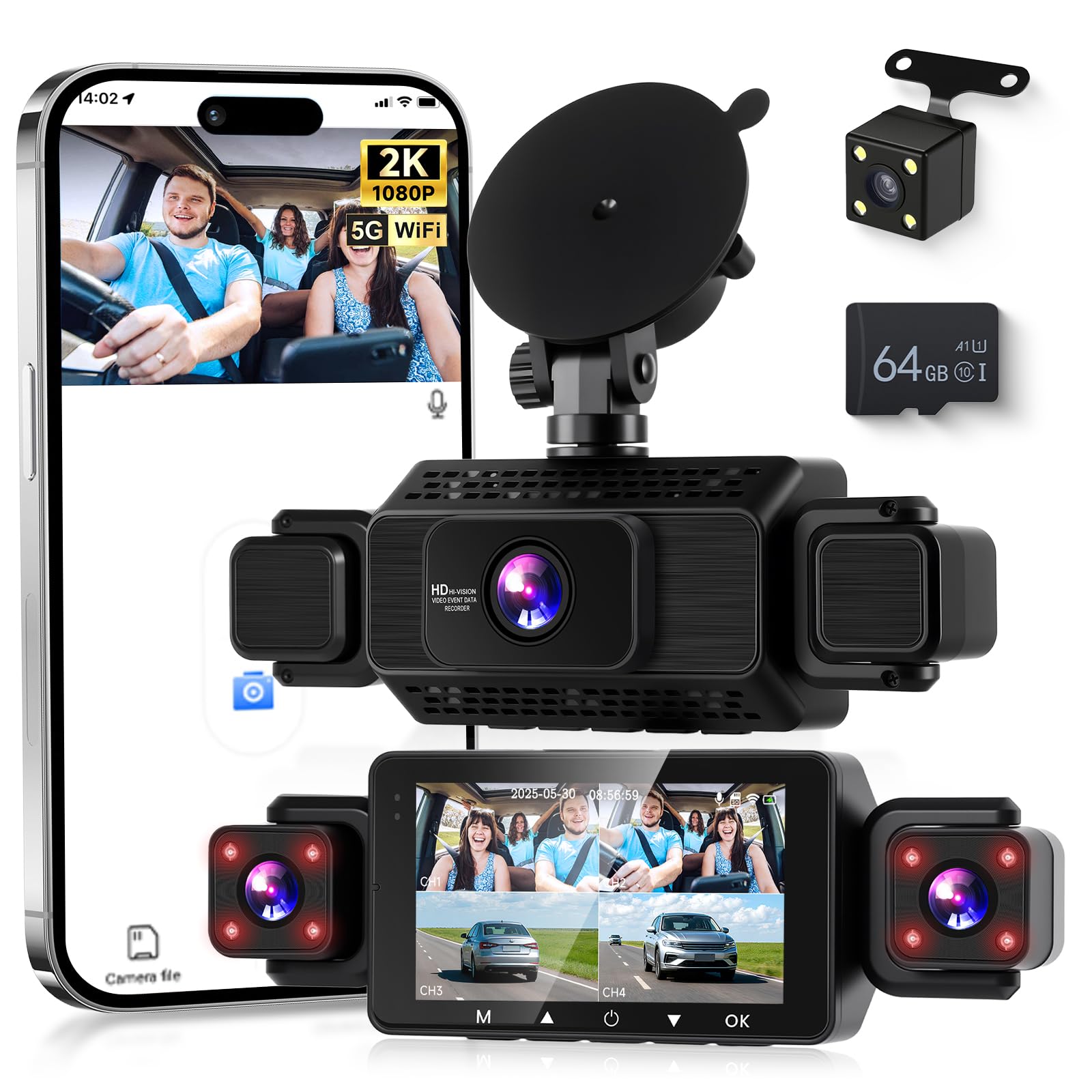 VECHTEL 2K Dashcam per auto anteriore e posteriore con WiFi, 4* Dash Cam 480P Telecamera per auto con schermo IPS da 3 pollici,visione notturna,sensore G,protezione a 360 gradi,con 64 GB