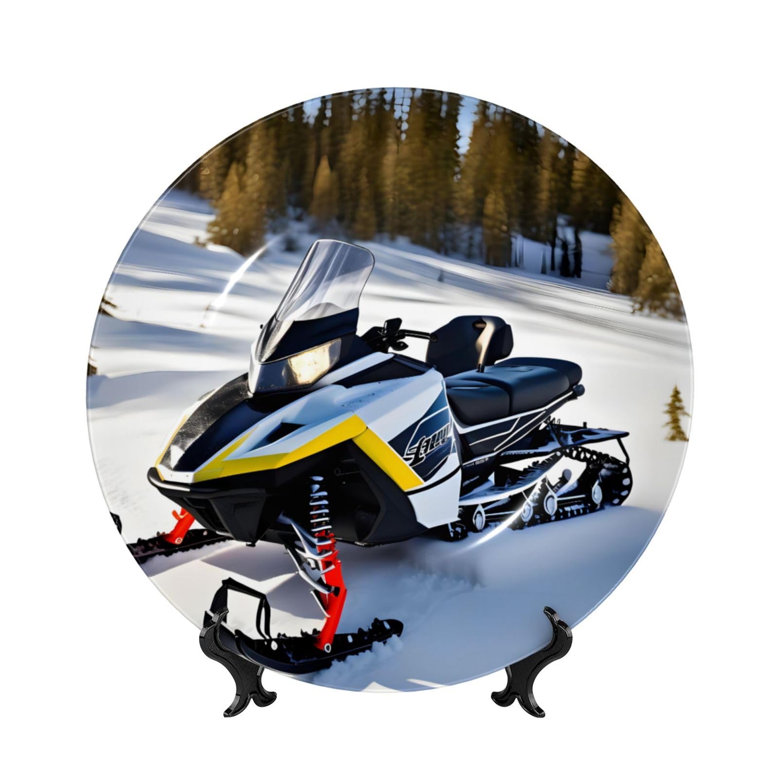 SXZVVBN Advanced Snowmobile Bone China Decorative Plate Art with Stand Removable Adhesive Hanging for Home Office 10in（25cm）