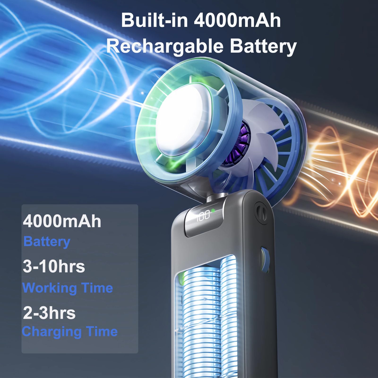 Turbo wentylator ręczny, wentylator chłodzący z możliwością ładowania przez USB, 1-100 regulowanych prędkości, chłodzony, składany wentylator do użytku na zewnątrz, w podróży, na kemping(Ciemnoszary)