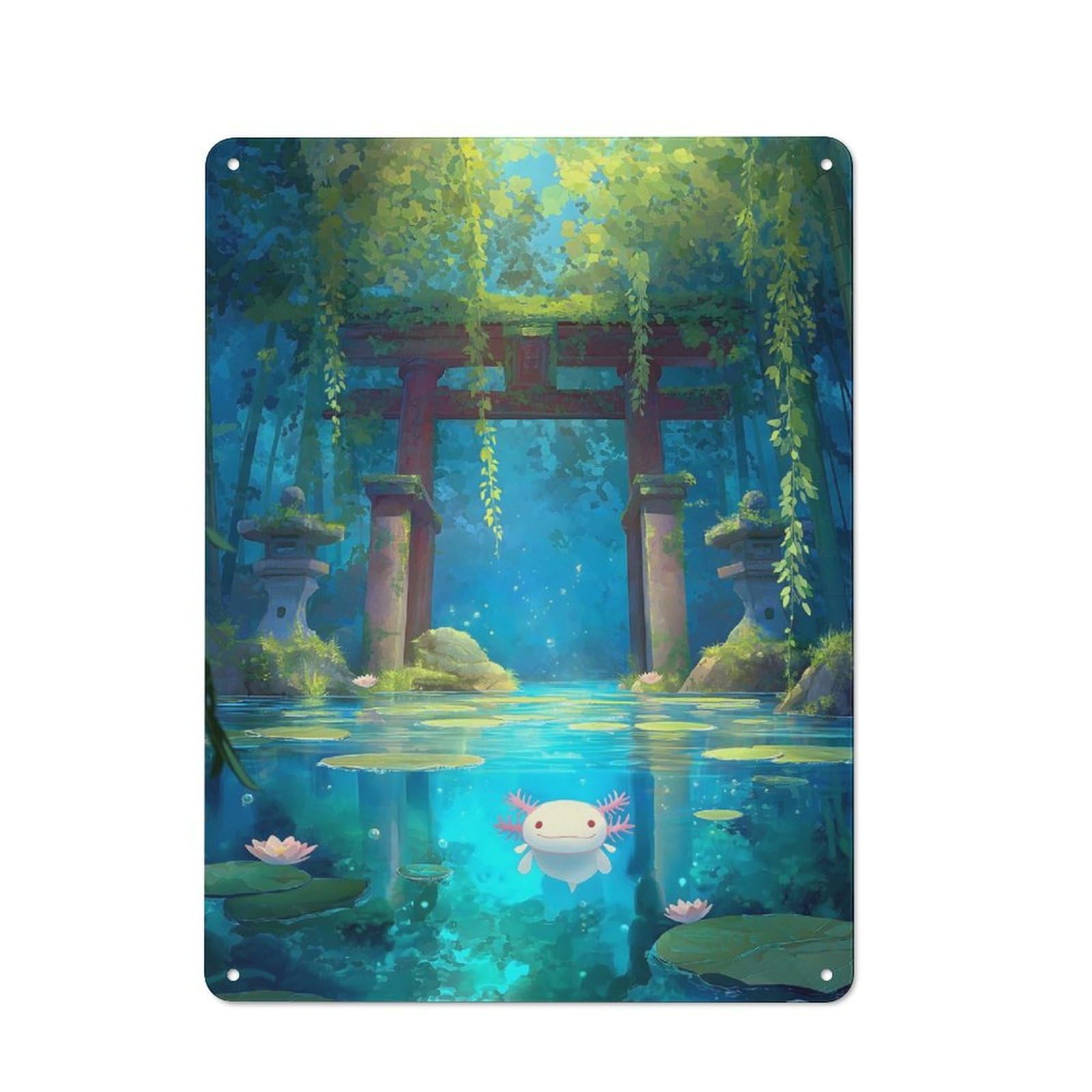 Junmoney Axolotl In A Japanese Garden Pond Distressed Look Decorative Tin Sign 40X30cm, Vintage Wall Decor For Lounge, Study, Pub Or Wall Gallery
