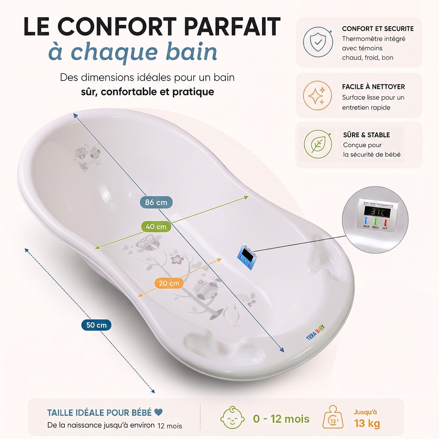 Baignoire bébé thermomètre 86 cm Blanc Owls Avec pied et tuyau