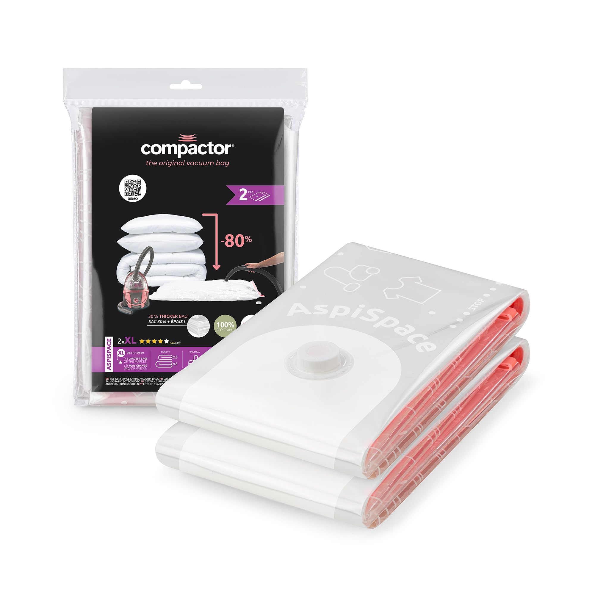 Compactor Aspispace XL Vacuum Compression Bags, Set of 2, Transparent, 80X130 cm, Reusable, Efficient and Durable