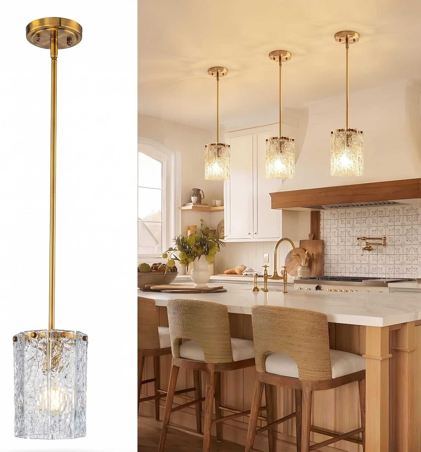 3 Pack Brushed Gold Pendant Light for Kitchen Island, Hand-Made Water Ripple Glass Chandelier, Luxury Modern Brass Adjustable Hanging Ceiling Light Fixture for Dining Room, E26 Base, 6" x 8"