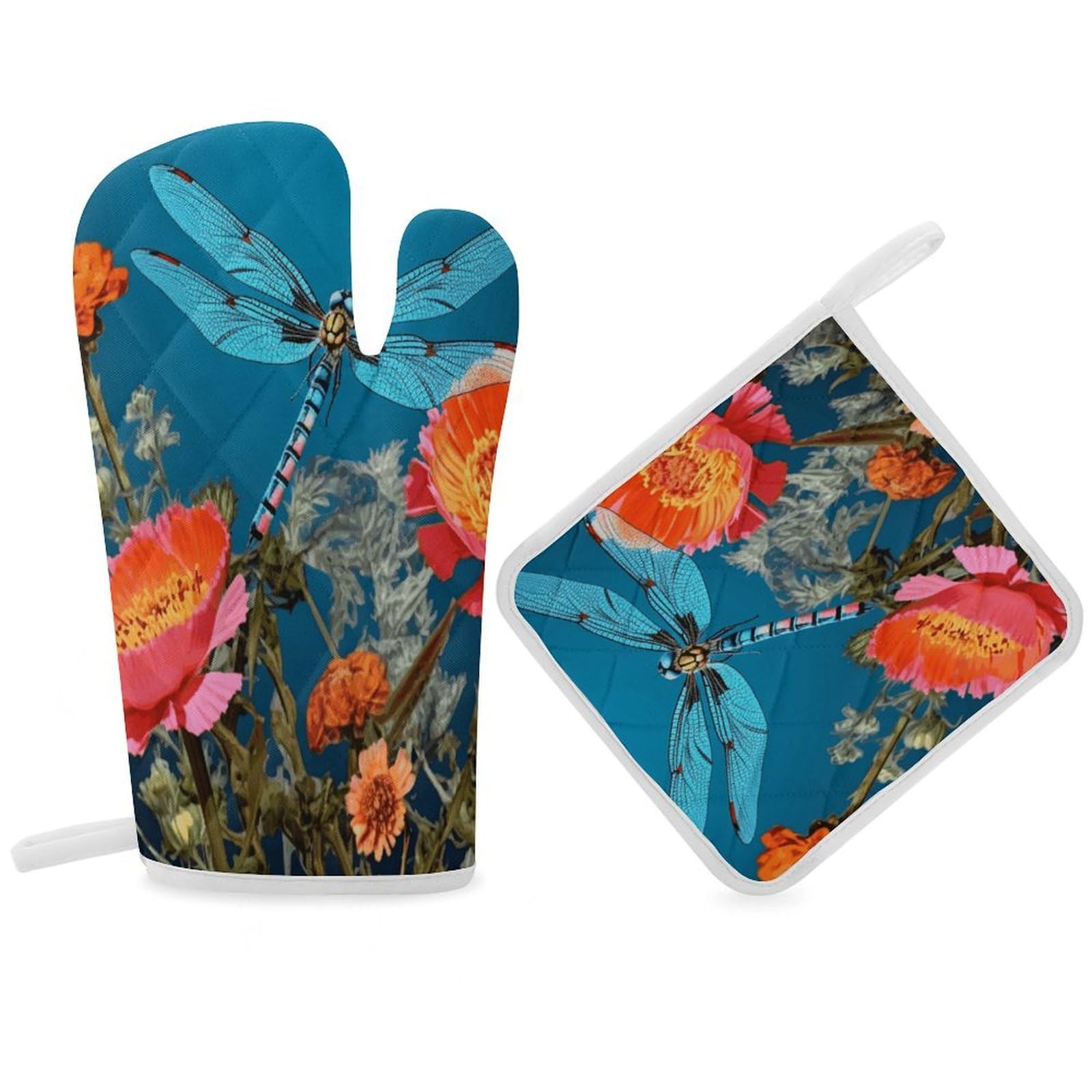 Fodpand Women's Style Dragonfly And Flower Oven Mitts And Pot Holders Sets,Oven Gloves For Kitchen Oven Mitts And Potholders For Baking Cooking Grilling Apartment Essentials