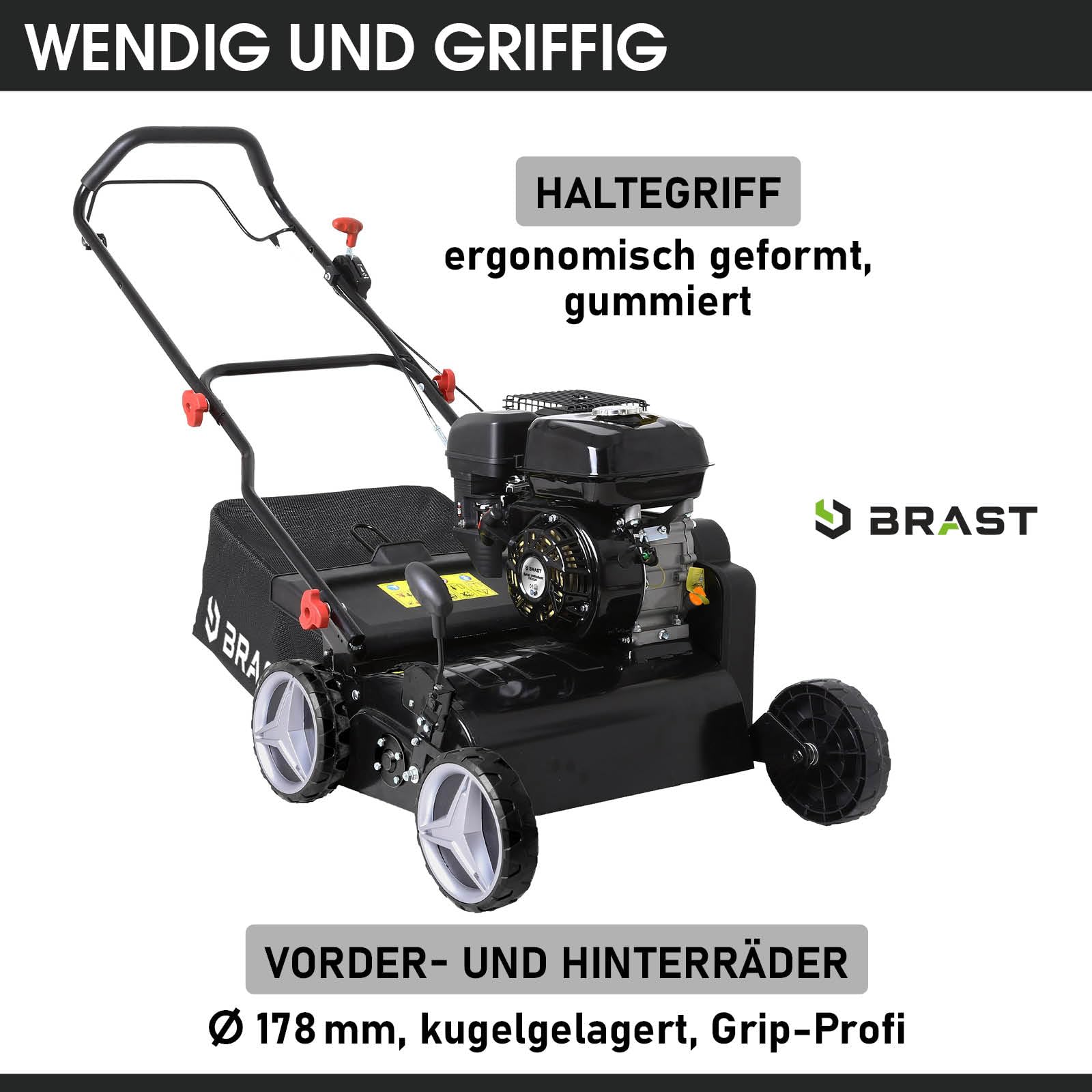 BRAST scarificateur thermique 196cc 4,9ch Motor 4 temps, largeur de travail 38 cm, bac 50 l, carter robuste en metal, prof. regl -12 +12mm émousser gazon - surface jusqu' à 1200m²