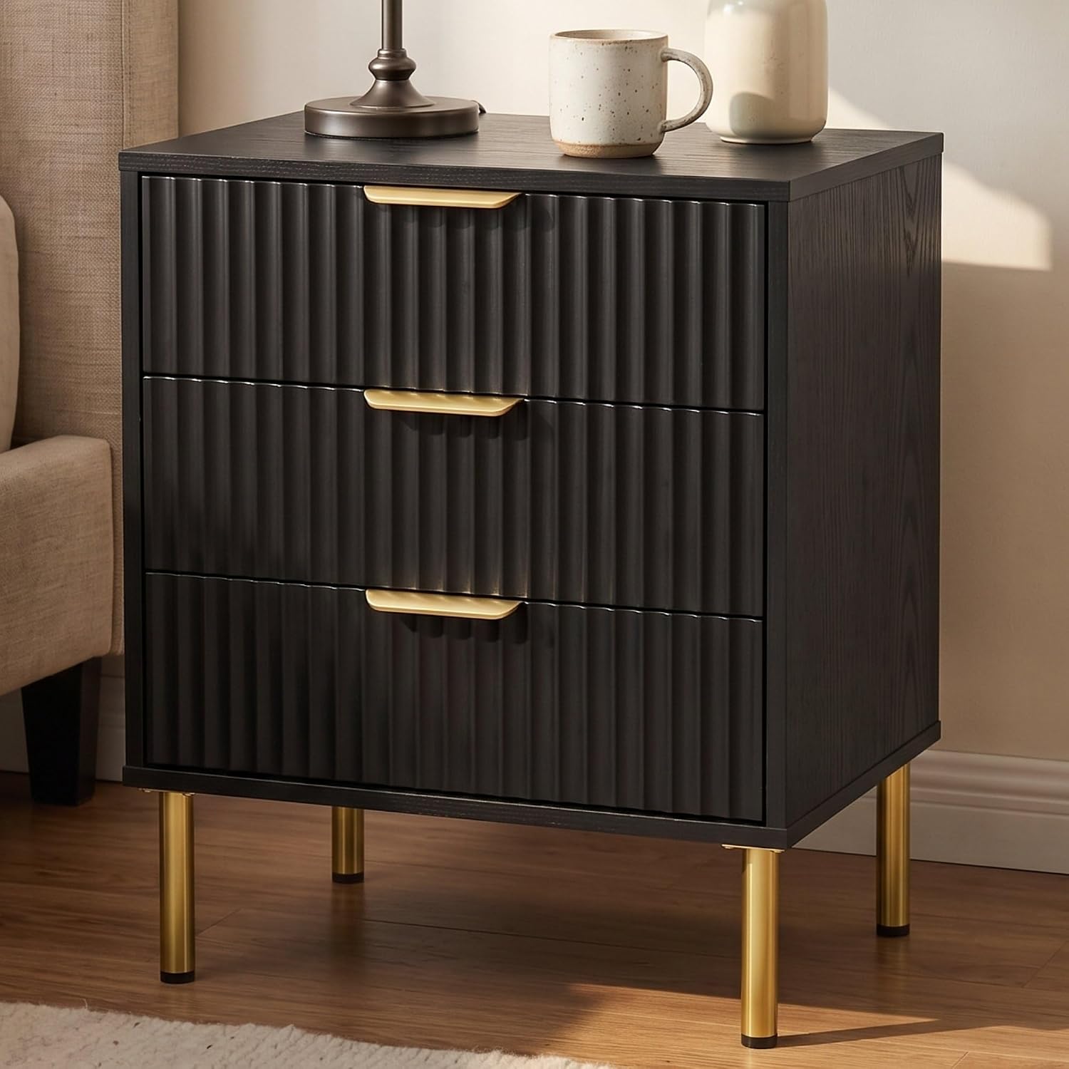 Black and Gold Nightstand, 24" Tall Fluted Bedside Table, 3 Drawers
