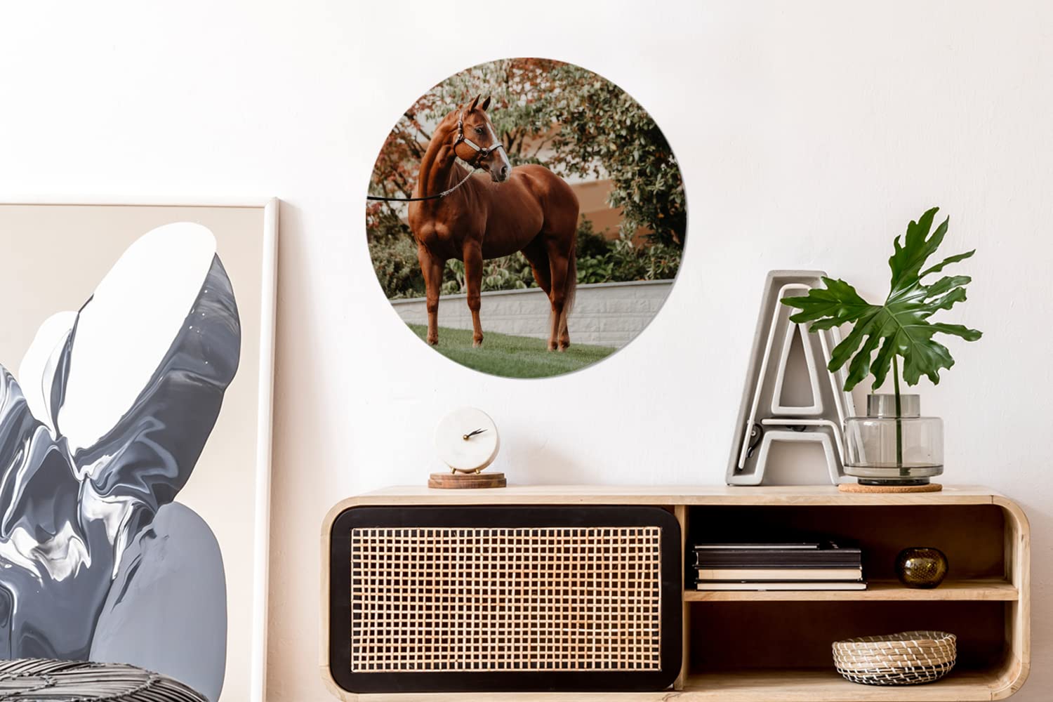 MuchoWow Wandbild Rund Wanddeko Deko Wohnzimmer Bilder 60x60 cm Pferd - Baum - Halfter