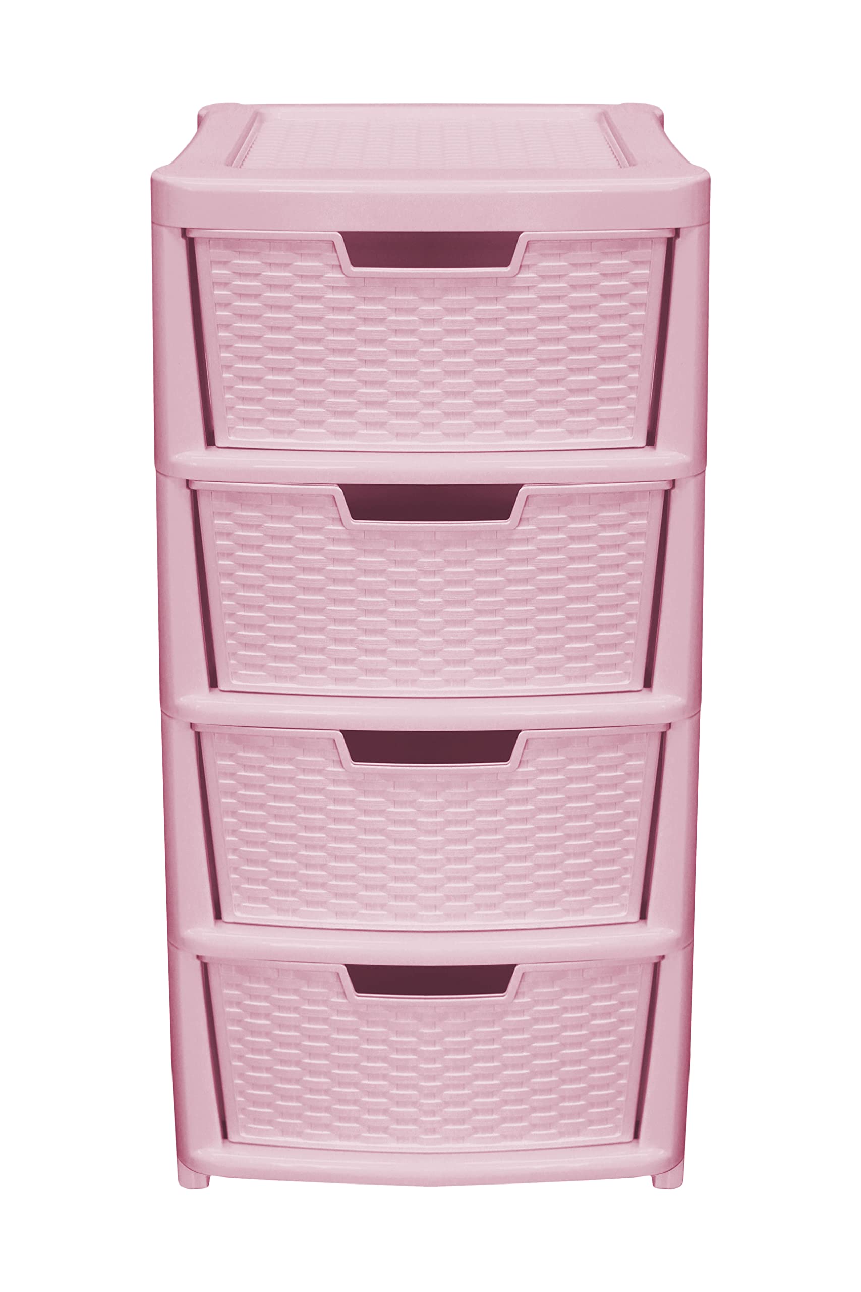 Large Rattan Effect Pink 4 Drawer Storage Tower Unit - 82cm (H) x 40cm (D) x 39cm (W)