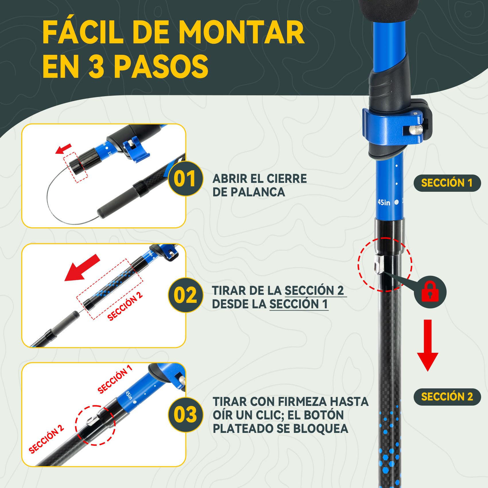 Clostnature Bastones de Senderismo Plegables - Bastones Trekking de Fibra de Carbono, Juego de 2, Ajustables 115-135 cm, Sistema de Bloqueo Rápido, Palos de Senderismo Ultraligeros y Resistentes
