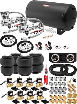 طقم تعليق الهواء Vixen للشاحنة / حقيبة السيارة / ركوب الهواء / الربيع. على متن النظام - ضاغط 200psi مزدوج ، 6 خزان غالون. لرفع القوارب ، القطر ، التخفيض ، تسوية التحميل ، القطار على متن الطائرة VXX1208PB / 4863DC