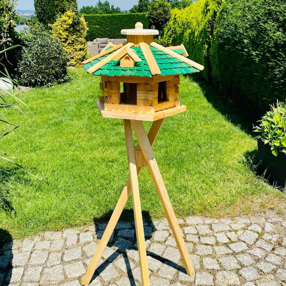 Ręcznie wykonana karma dla ptaków domek L sześciokątny domek dla ptaków z drewna dozownik pokarmu + stojaki naturalne/zielone
