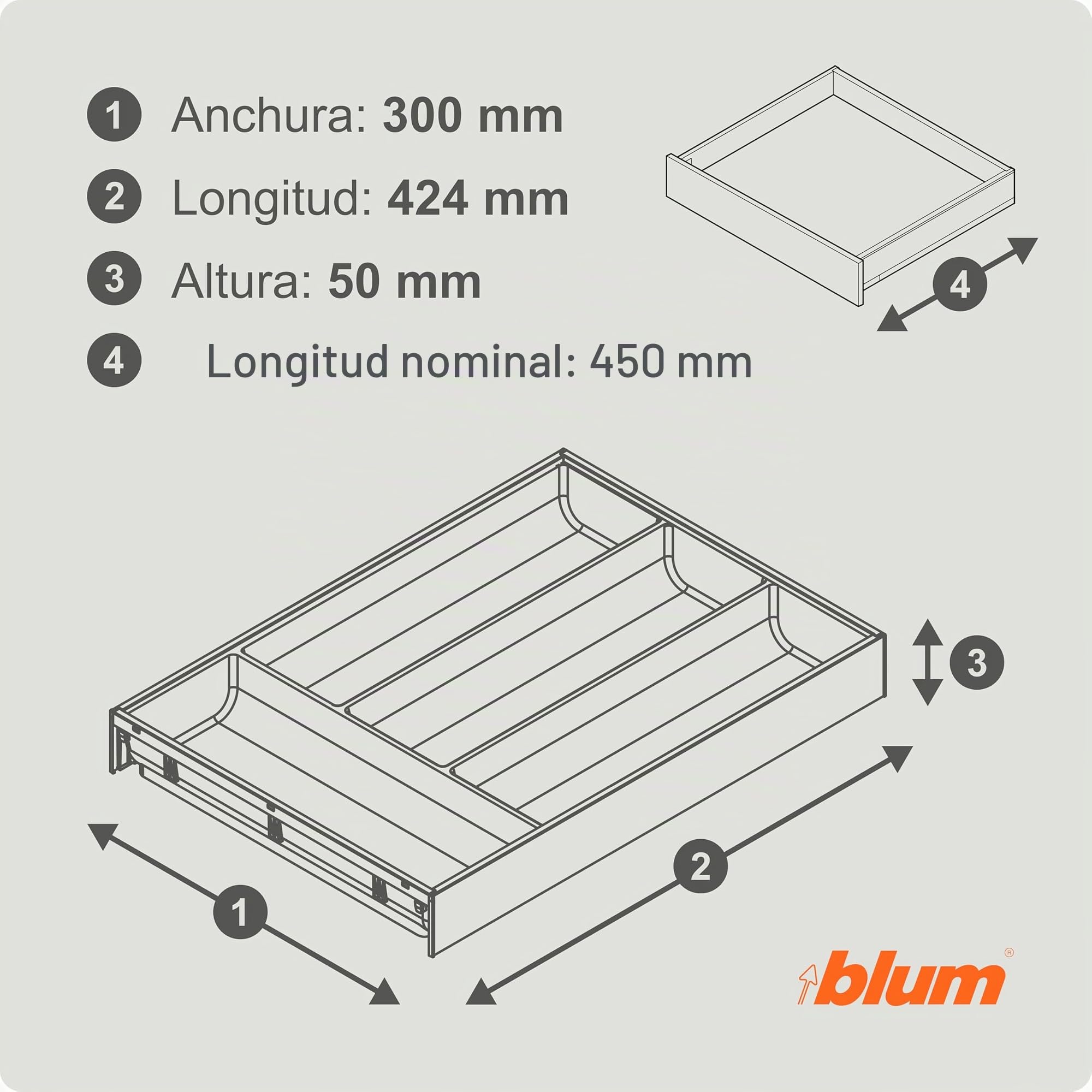 blum AMBIA-LINE cubertero con Soft-Touch | organizador de cajón premium para cajones y muebles de cocina modernos | protege, ordena y organiza cubiertos | 42×30×5 cm | Gris Orion