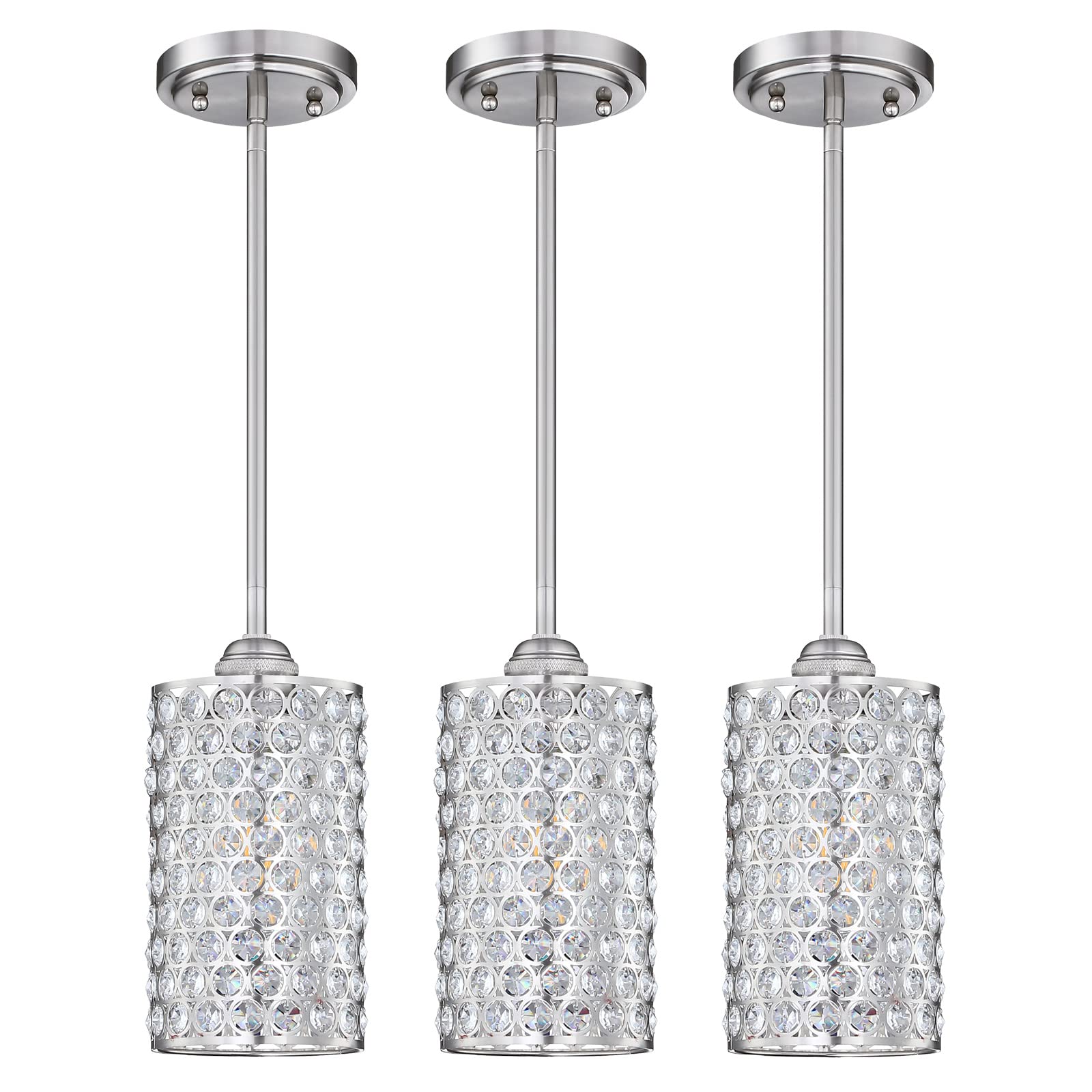 3 Pack 1 Light Hanging Kitchen Island Crystal Pendant Lighting Modern Concise Pendant Light Fixture Brushed Nickel Finish with Crystal Plate Metal Shade for Bar, Dining Room, Corridor,Living Room