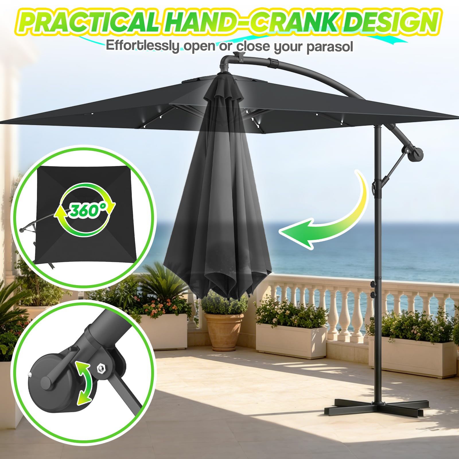 Verdego Sonnenschirm mit Ständer, Ampelschirm Rechteckig Ø350cm, Gartenschirm mit Kurbel, Schutzhülle, UV-Schutz Windfest Wasserabweisend Aluminium, Marktschirm, 360° Drehbar