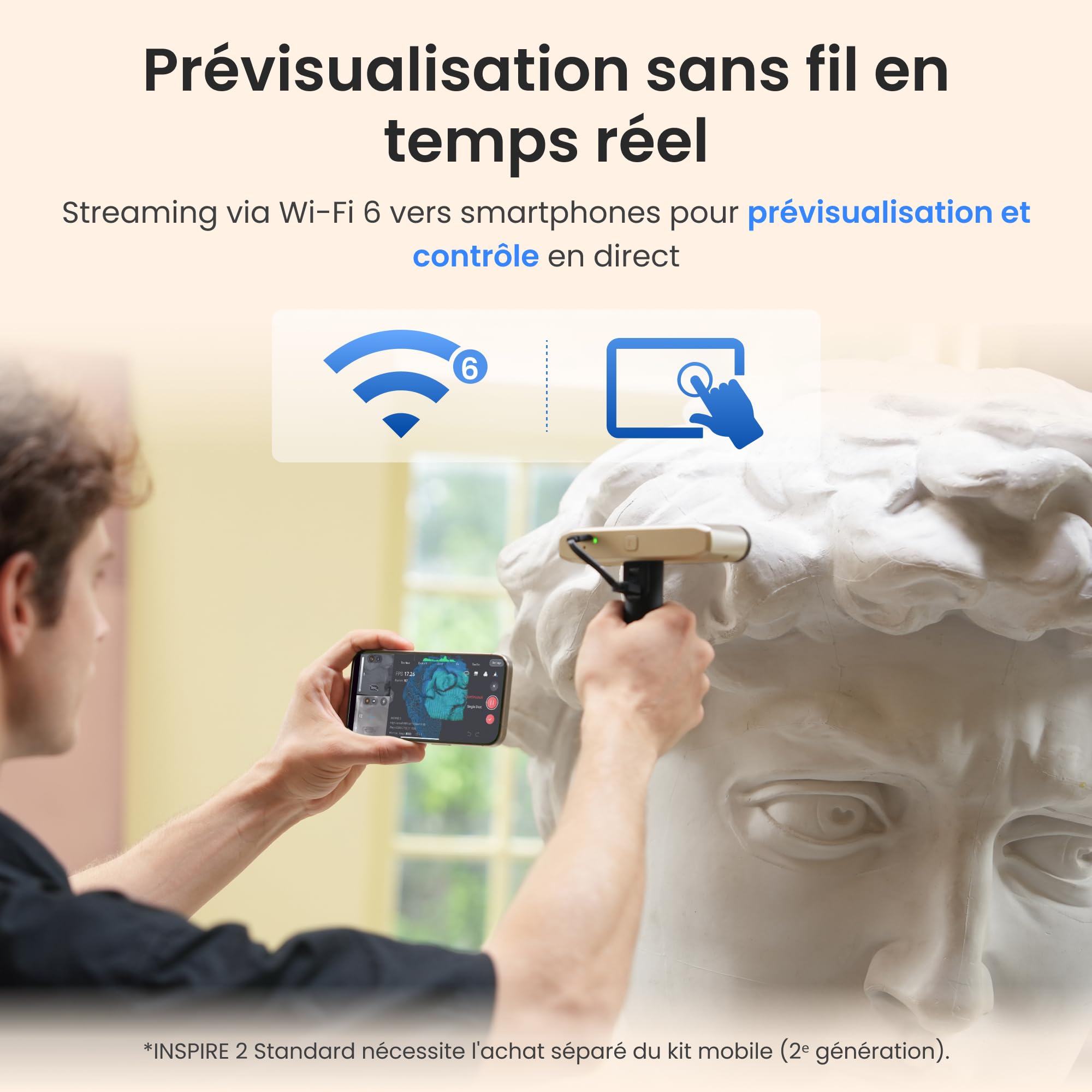 Revopoint INSPIRE 2 Scanner 3D pour impression 3D, précision jusqu’à 0,03 mm, laser multi-lignes et lumière structurée, numérisation sans fil et en extérieur, scans en couleur, Standard