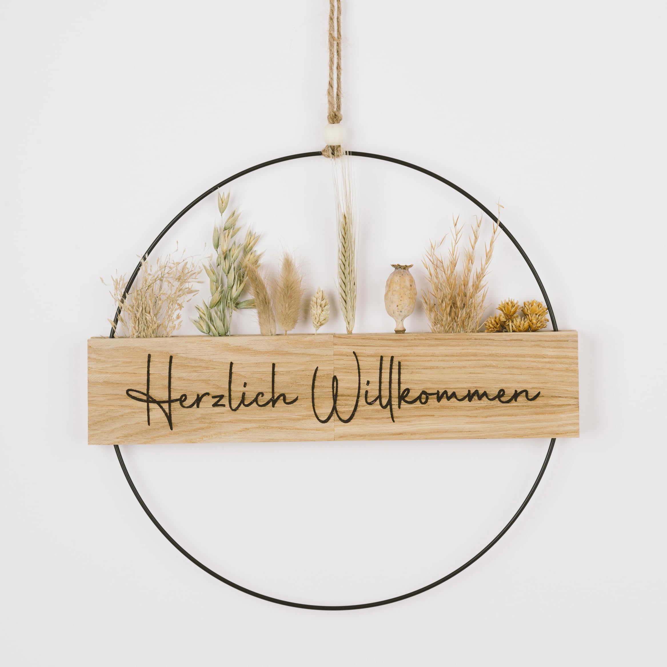 Türkranz Haustür Trockenblumen I Dekokranz ganzjährig I Willkommenskranz mit Herzlich Willkommen graviert I Türdekoration außen & innen I personalisierbar (Trockenblumen Naturtöne, Metallring 30cm)