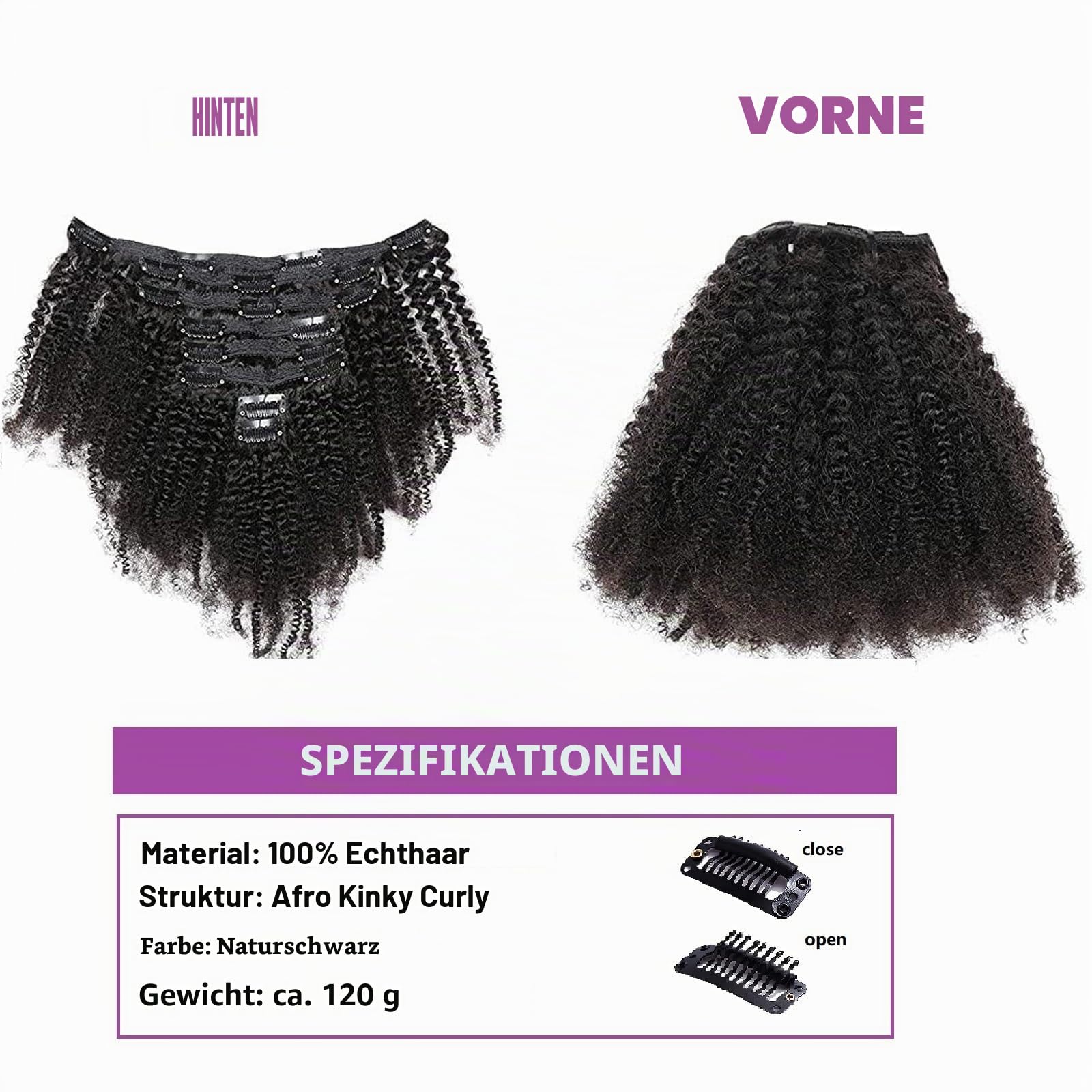 18 Zoll 8A Remi Human Hair Clip in Extensions 8Pcs/Set Afro Kinky Curly Double Wefts für Schwarze Frauen Natürliche Farbe 120 Gramm/Set