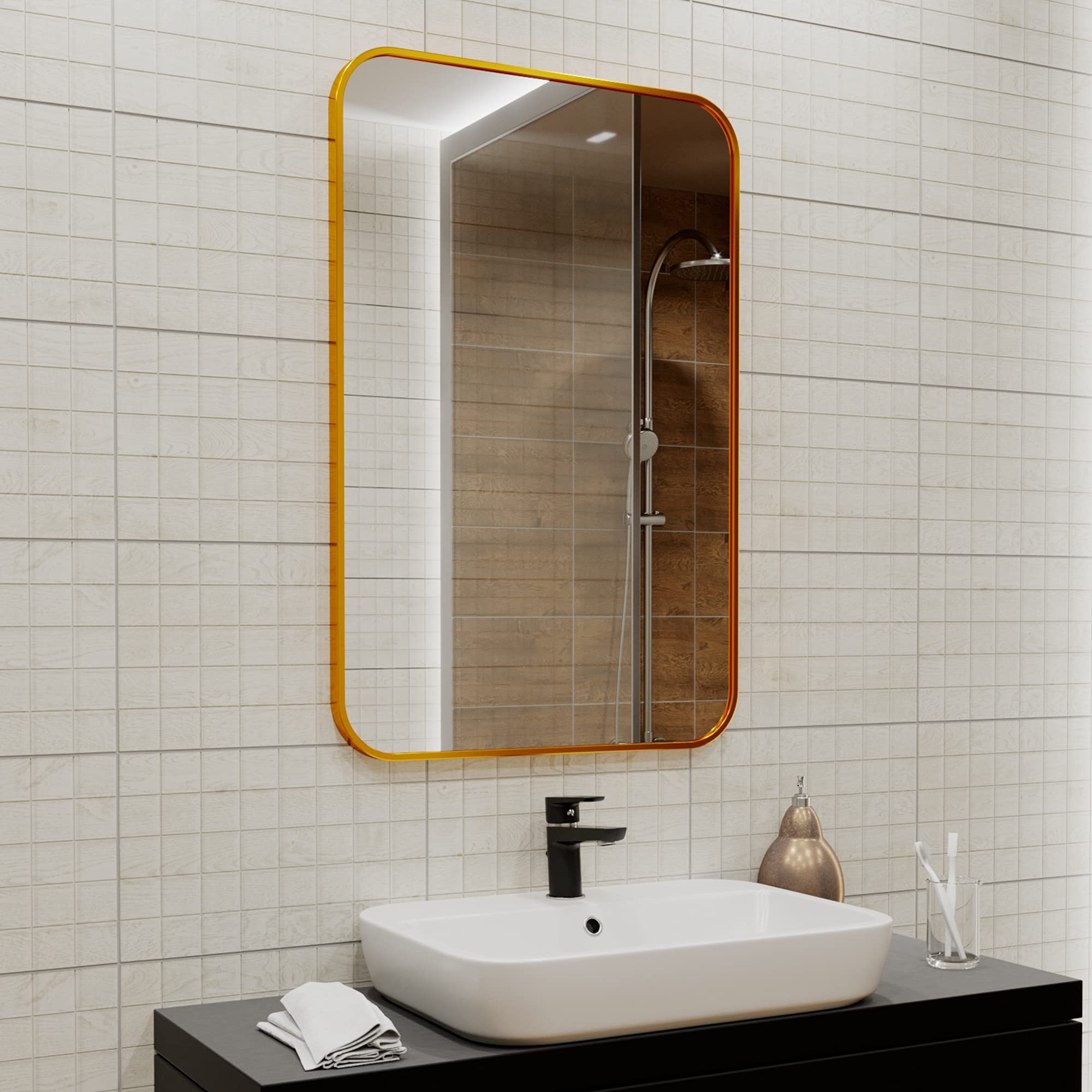 BEAUTYPEAK Wall Mirror 24" x 36" Rectangular Rounded Corners Mirror with Aluminum Alloy Frame Hanging Mirror for Living Room Bedroom Bathroom Entryway, Hangs Horizontal or Vertical, Gold