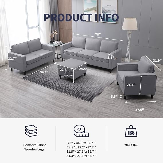 ijuicy 3PCS Sectional Sofa Set,3 Seat Couch & Loveseat Sofa & Armchair with Side Pockets & Movable Storage Ottoman, Modern Convertible Couches for Living Room,Office (3+2+1Seat/Light Gray)