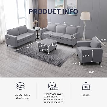 ijuicy 3PCS Sectional Sofa Set,3 Seat Couch & Loveseat Sofa & Armchair with Side Pockets & Movable Storage Ottoman, Modern Convertible Couches for Living Room,Office (3+2+1Seat/Light Gray)