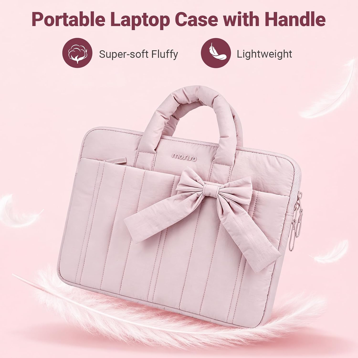 MOSISO Laptop Case 13.3 inch, 13-13.3 inch Puffy Laptop Sleeve Compatible with MacBook Neo/Air 13.6 M5 M4 M3 M2 M1/Pro 13/14, HP Dell ASUS Lenovo, Rectangle Quilted Carrying Bag with Bow&Handle, Pink