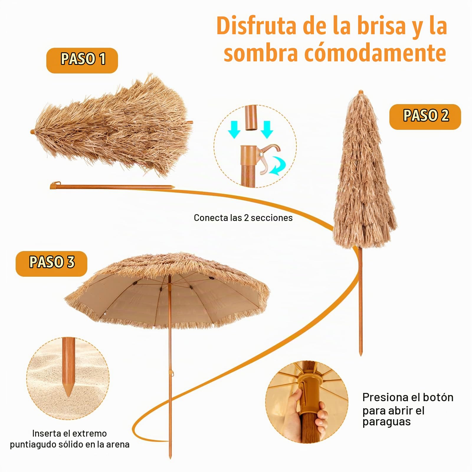 KOMFOTTEU Sombrilla Hawaiana de Paja PP Ø 205 cm de Playa | Parasol Portátil con Botón de Presión y 8 Varillas de Metal, para Jardín, Balcón, Terraza, Natural