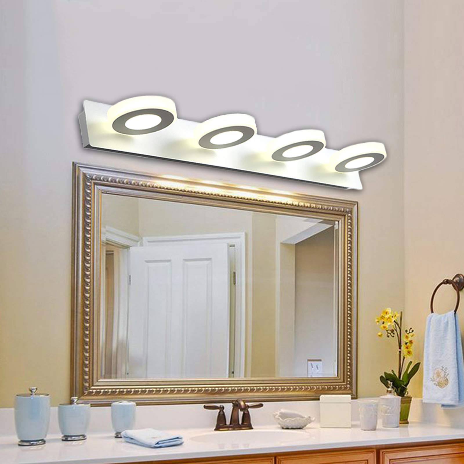 Luz frontal cromada para espejo de baño, iluminación LED sobre espejo con pantalla acrílica giratoria, luces modernas para gabinete de espejo para baño, hotel, restaurante, blanco frío de 6000 K