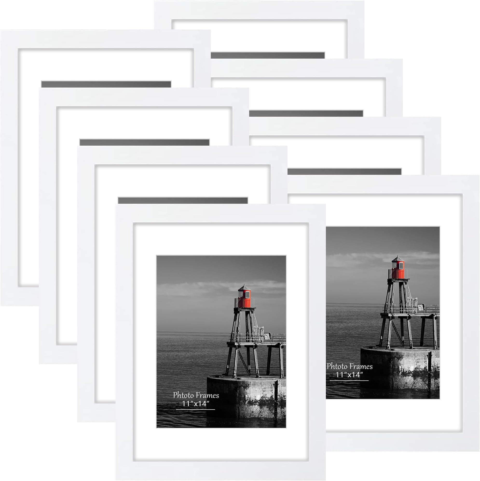 DUENPY 11x14 Picture Frame 8 Pack, Photo Frame for Wall Gallery Decor, Display Pictures 8 x 10 with Mat or 11 x 14 Without Mat, White.