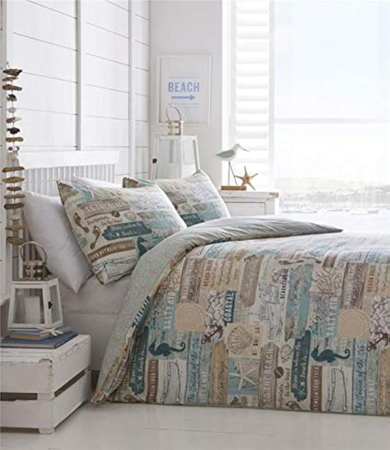 Homemaker Bedding duvet cover set coastal drift wood sea shells beach hut signs (Super King)