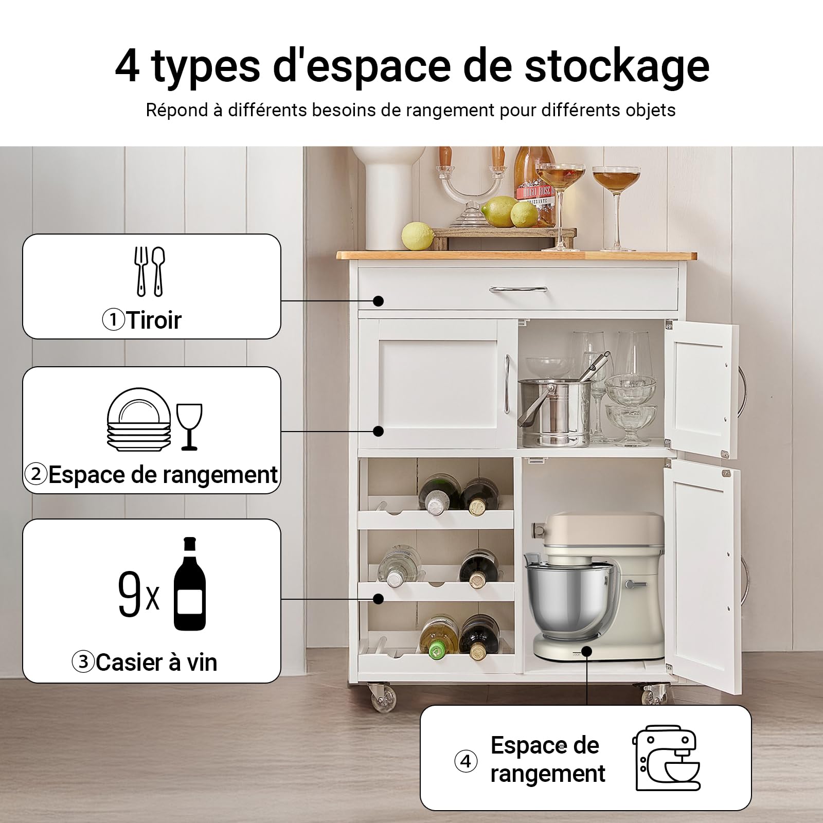 SoBuy Meuble Cuisine à roulettes freinées & Plan, 67x86x38cm, pour Cuisine | Desserte Cuisine avec tiroir, casier à vin 3 niveaux & porte-serviettes, charge 60 kg, MDF/PB, coin repas/extérieur, FKW45-WN