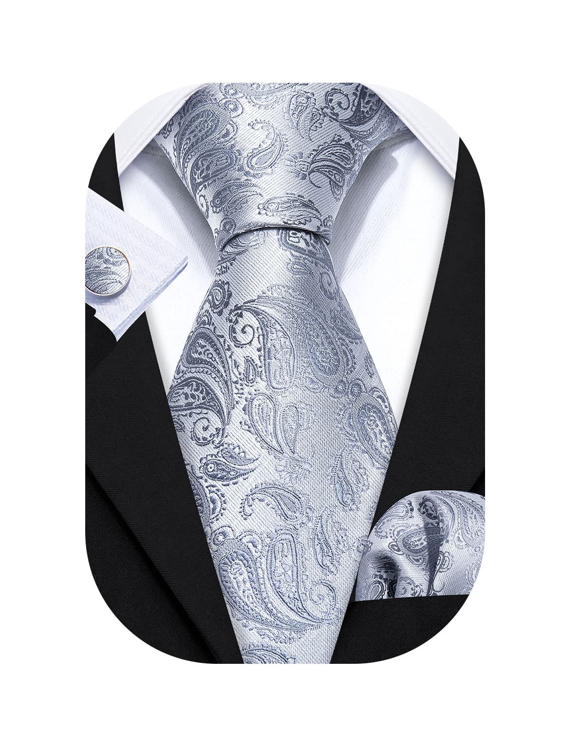 Barry.Wang Men Tie Sets Paisley Silk Necktie Pocket Square Cufflinks