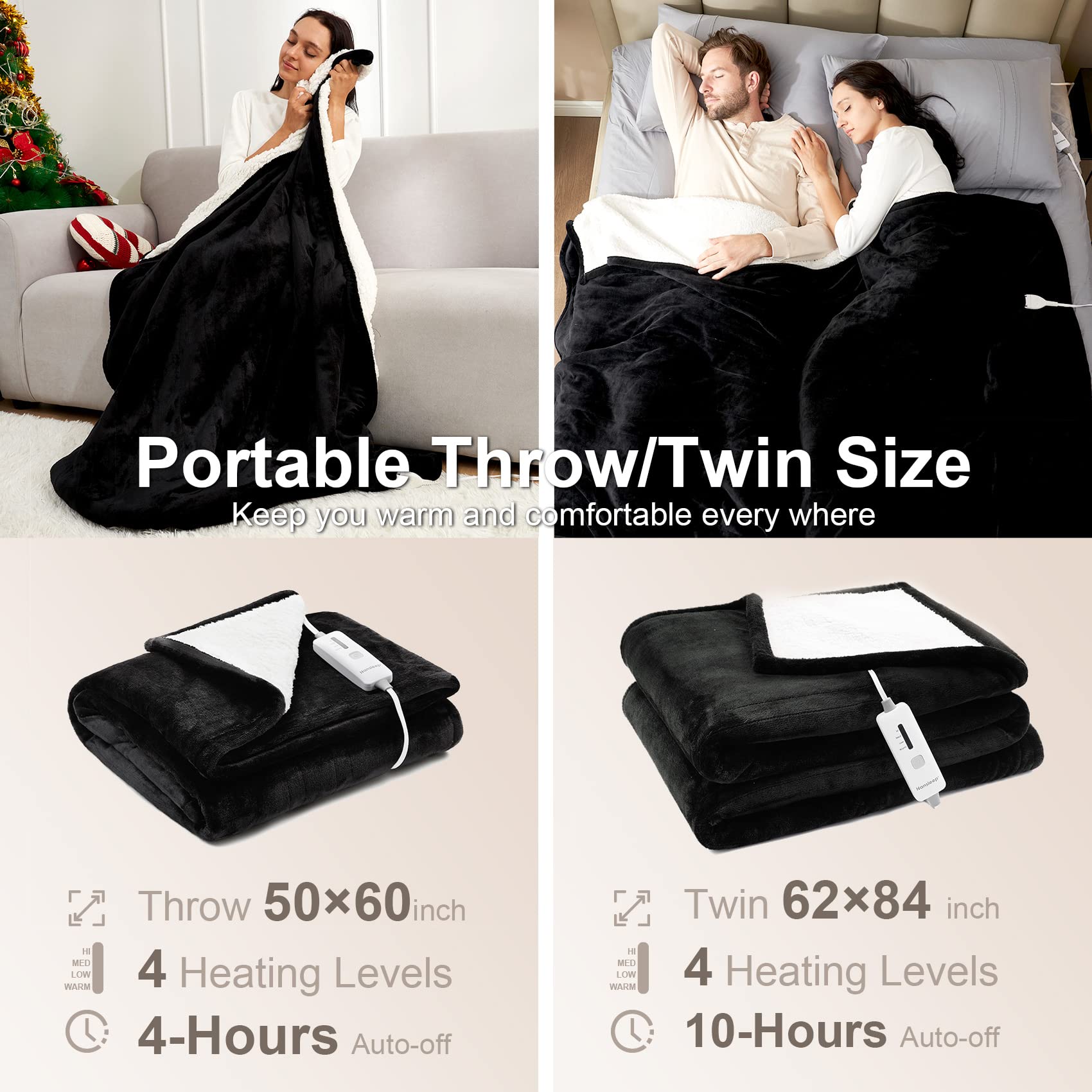 Hansleep Heated Blanket Electric Blanket Throw - Heating Blanket with 4  Heating Levels 4 Hours Auto Off, Super Cozy Machine Washable Sherpa Electric  Throw Fast Heating, 50 x 60 Inches, Black :