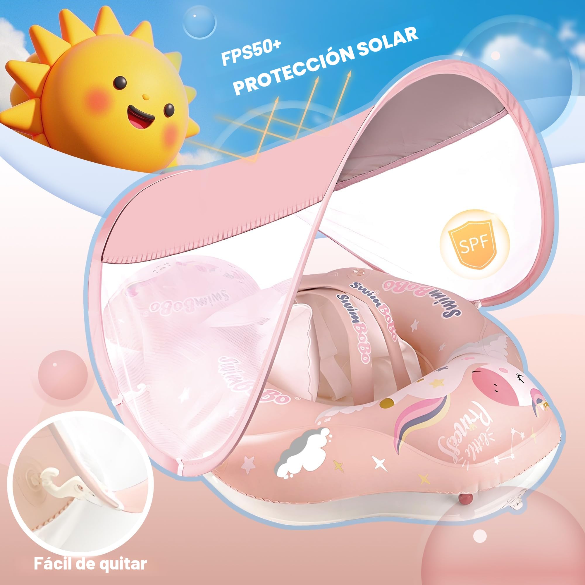 Flotador Bebe con Sombrilla, Woukksy Rosa Flotadores Piscina Bebes para 3 meses-36 Meses, Bebé Flotador Piscina Asiento con Bola de Equilibrio para Evitar Vuelcos