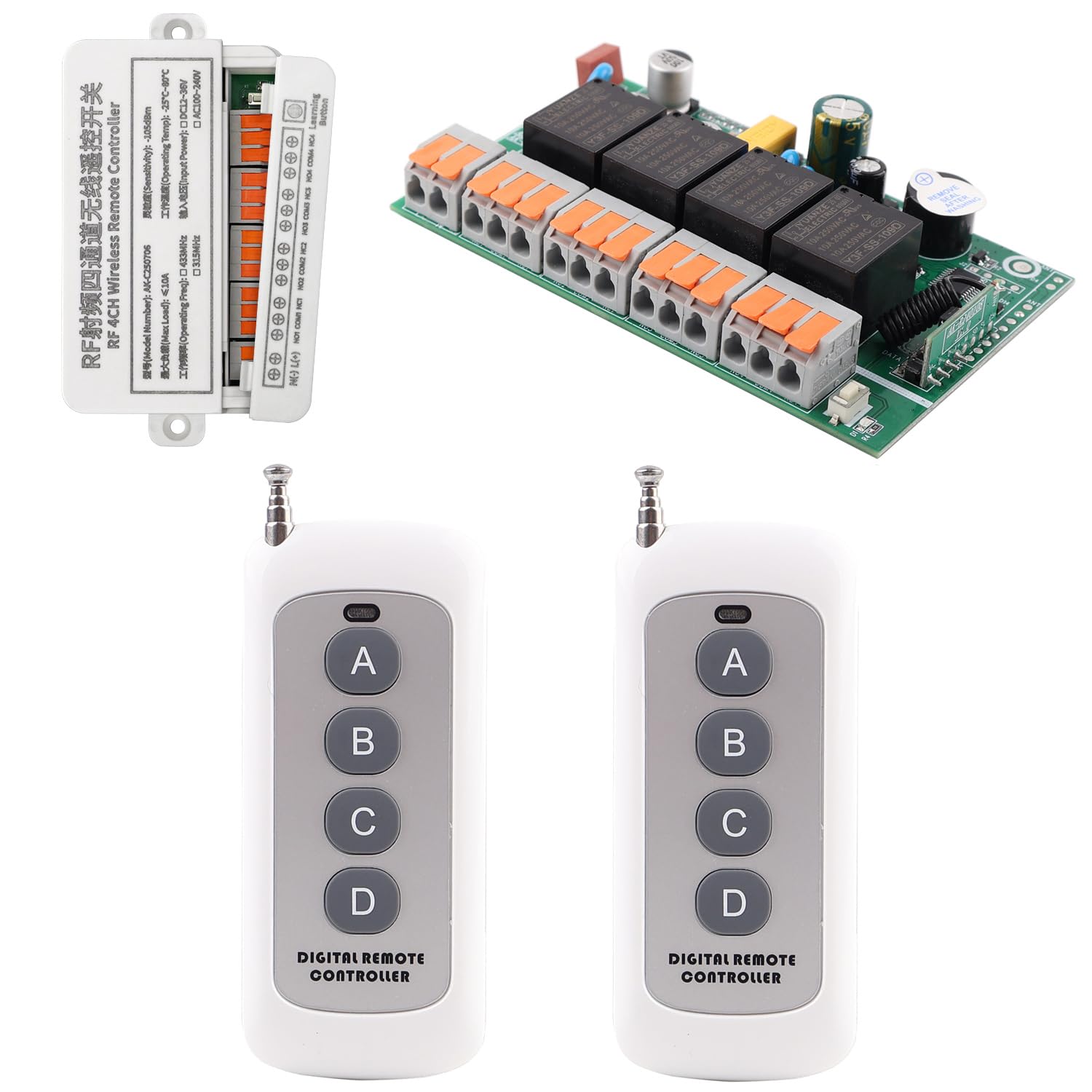DC 12V 24V 36V 4CH Remote Control Switch,Quick Connector Wire Terminal,433Mhz 10A 12V-36V Wireless Remote Control Switch Industrial Control for Garage Door Motor Opener (DC 12V-36V/ 2* Controller)
