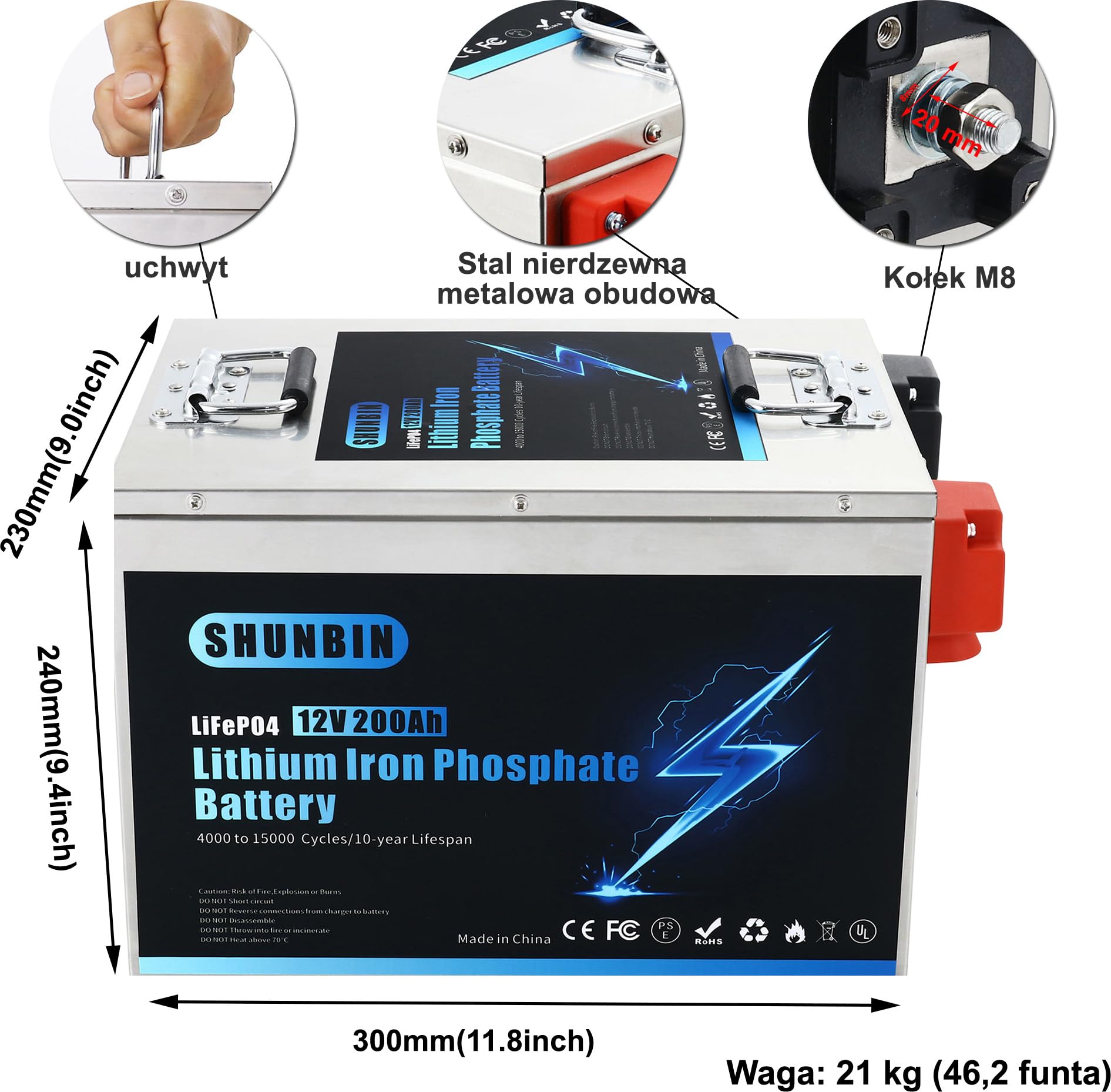 Lifepo4 bateria litowa 12V 200Ah 2560Wh Powłoka ze stali nierdzewnej z ładowarką Coulomb metr Maksymalne cykle głębokie 20000 Bateria fosforanu litowego słoneczny/kamper/łódź/wózki golfowe