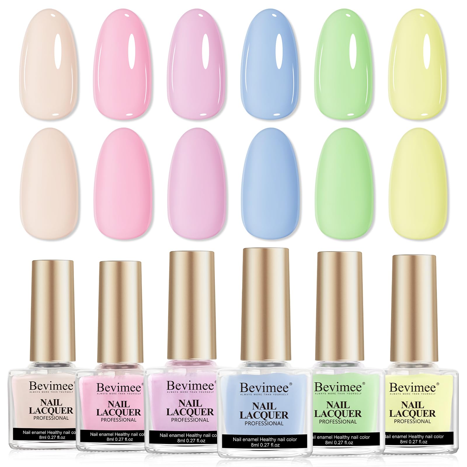 Bevimee Nail Polish Set 6 Colors Pastel Quick Dry Nail Lacquer Sheer Pink, Purple, Blue, Nude Fast Dry Fingernail Polish Bulk DIY Salon Gift for Women