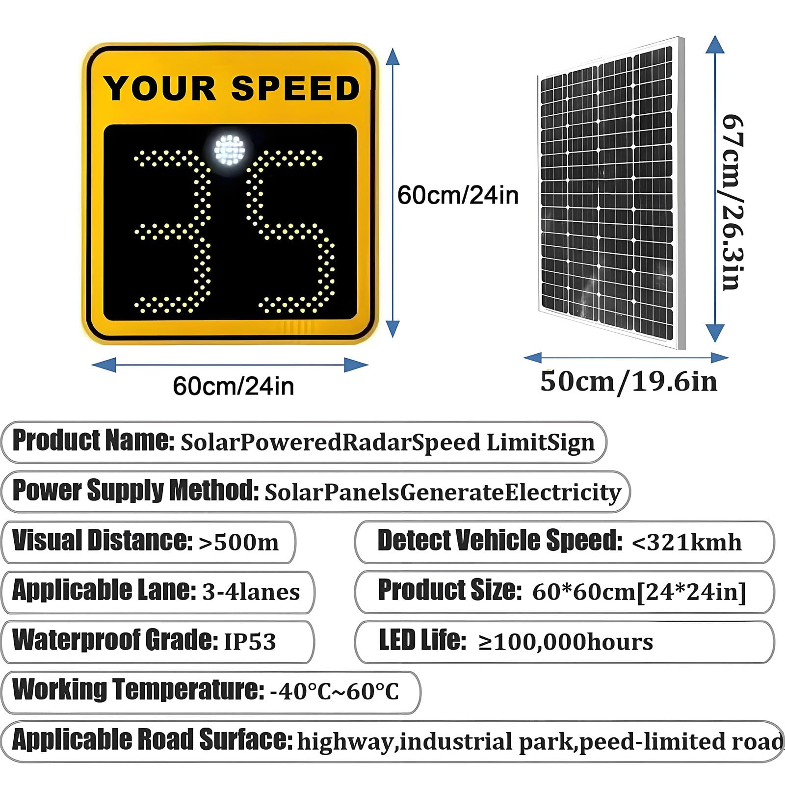 Detector de velocidad de radar solar con pantalla LED para advertencia de tráfico de seguridad vial