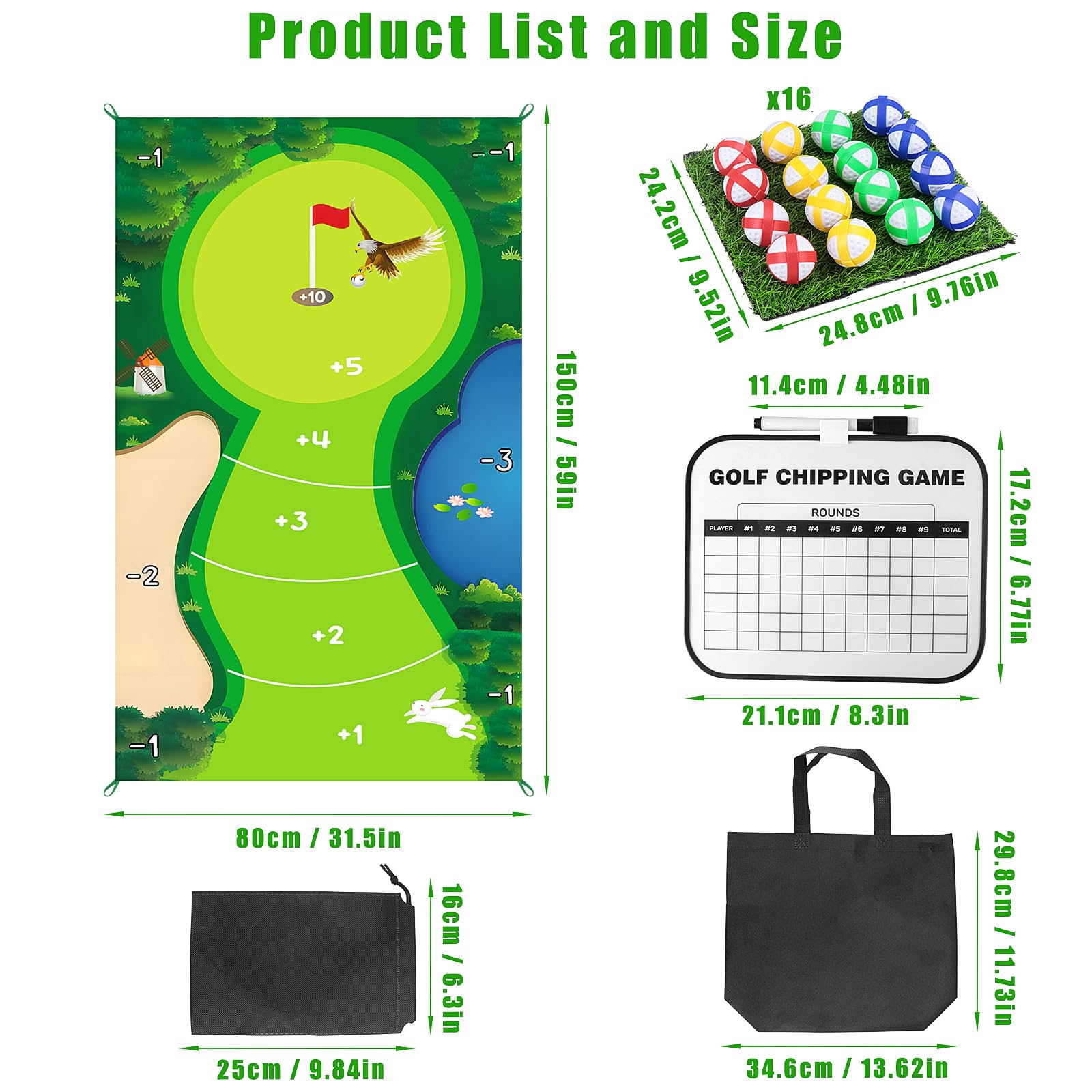 Mini Golf para el Hogar - Tapete de Entrenamiento 150 x 80 cm Con 16 Pelotas, Tablero de Puntuación y 2 Bolsas de Transporte - Juegos Casuales Battle Royale