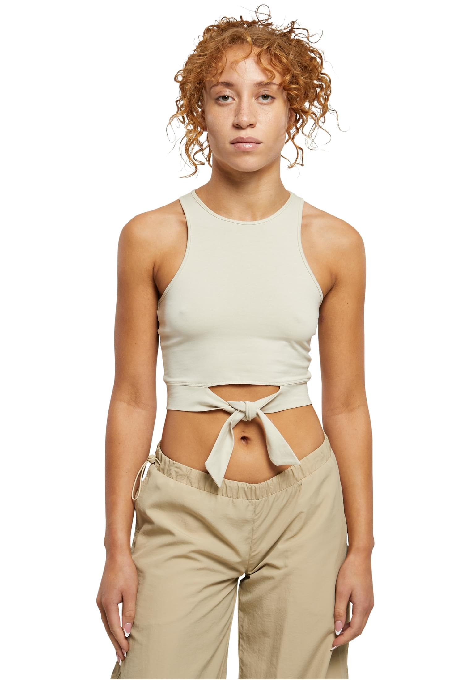 Urban Classics Women's Ladies Cropped Knot Top Cami Shirt, Softseagrass,