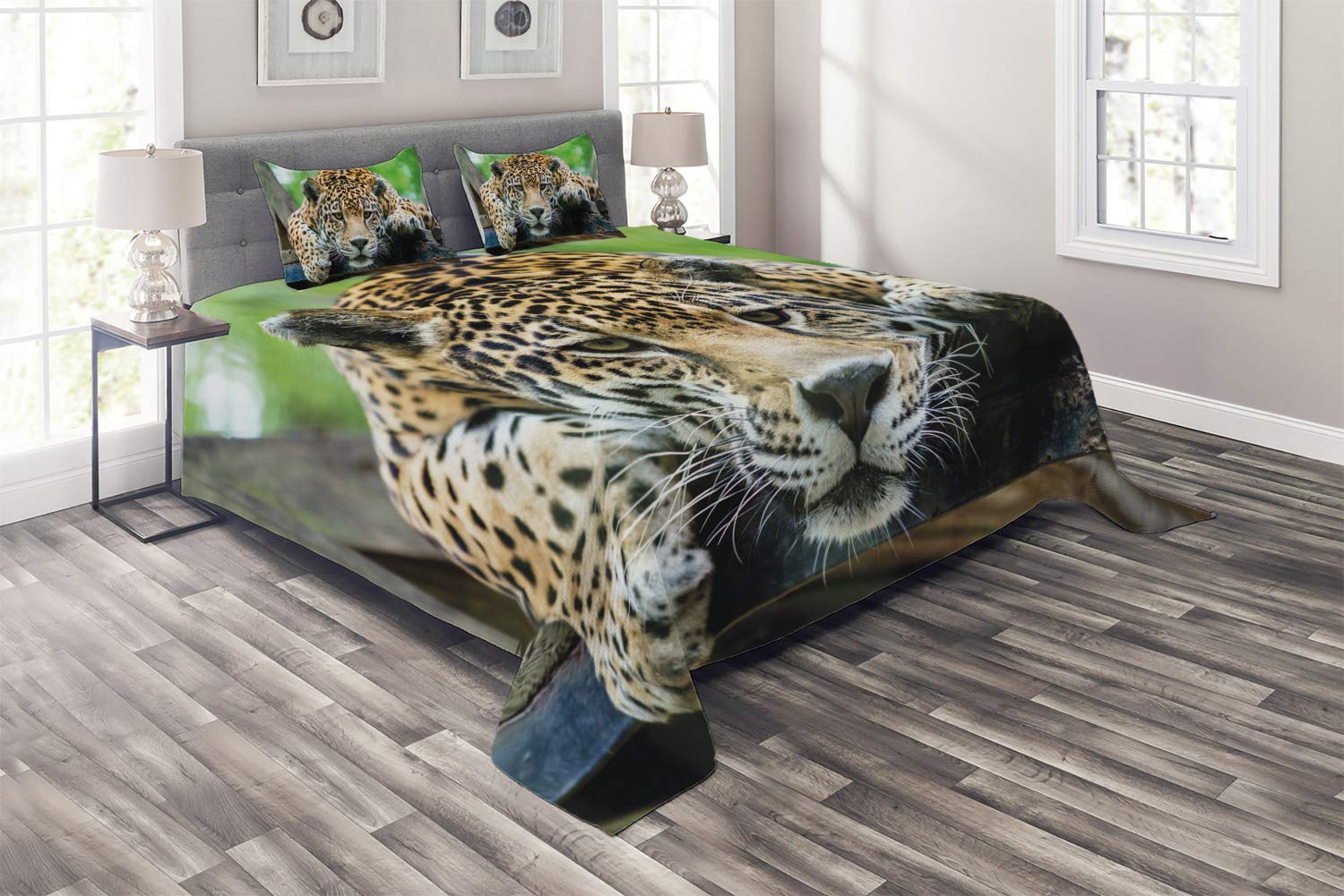 Ambesonne Jungle Coverlet, South American Jaguar Wild Animal Carnivore Endangered Feline Safari Imag