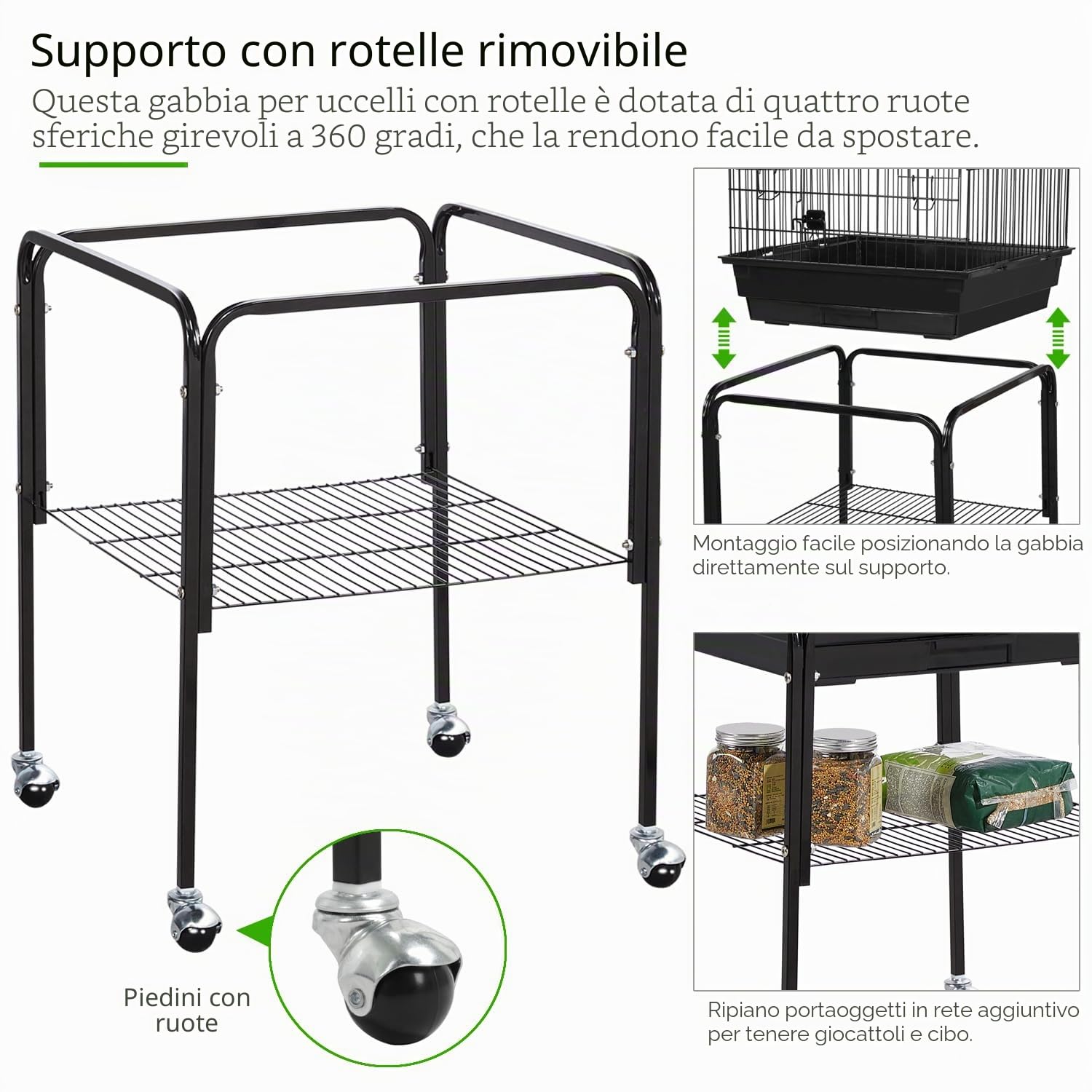 Yaheetech Gabbia per Uccelli Pappagalli Calopsite con Piedistallo in Metallo con Tetto Apribile Nera 46 x 46x 119 cm