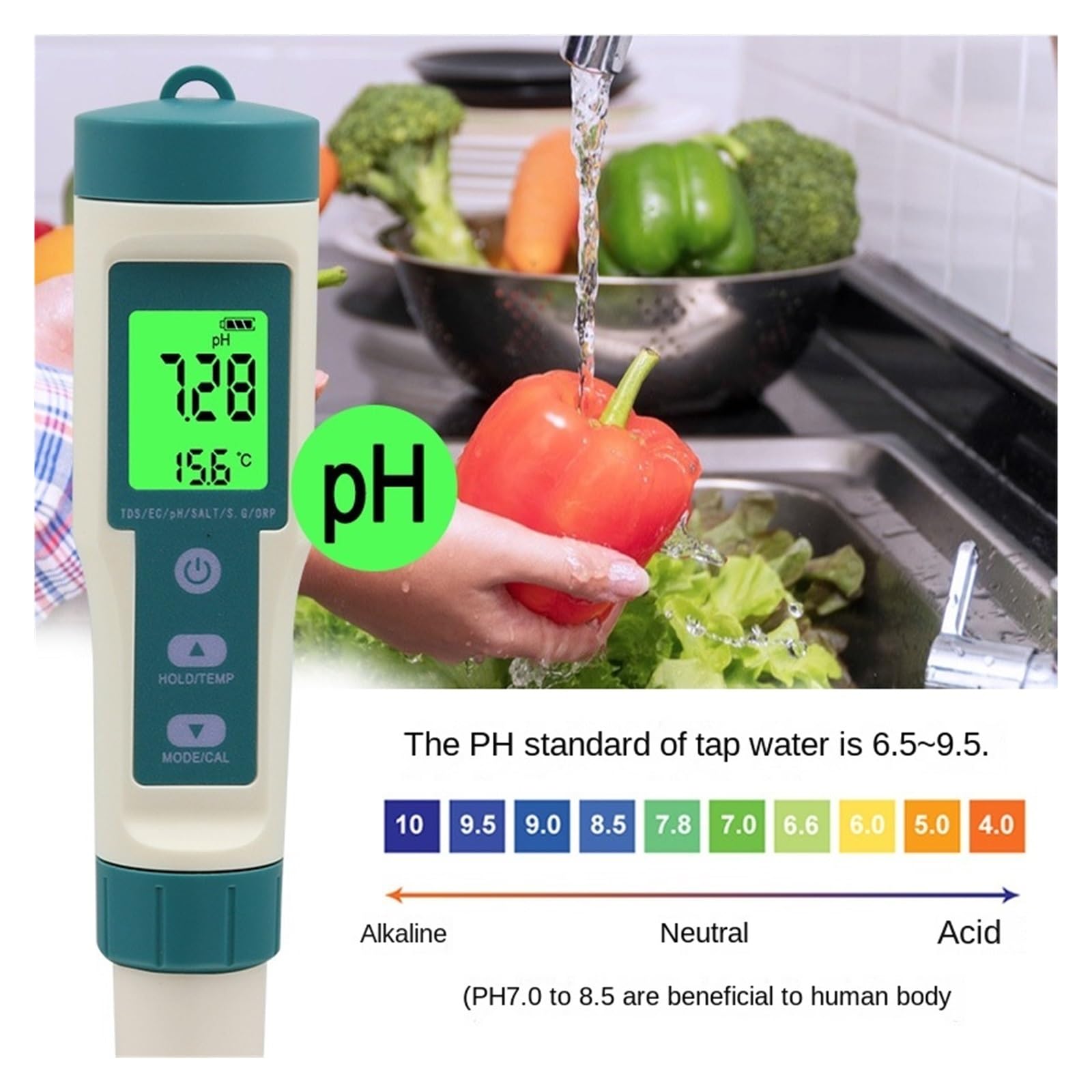 Pluma For Prueba De PH Calidad Del Agua Digital 8 En 1, Medidor Temperatura TDS/EC/PH/ORP, Instrumentos Análisis, Probador Potable Rico Hidrógeno DeteccióN RáPida Y Precisa