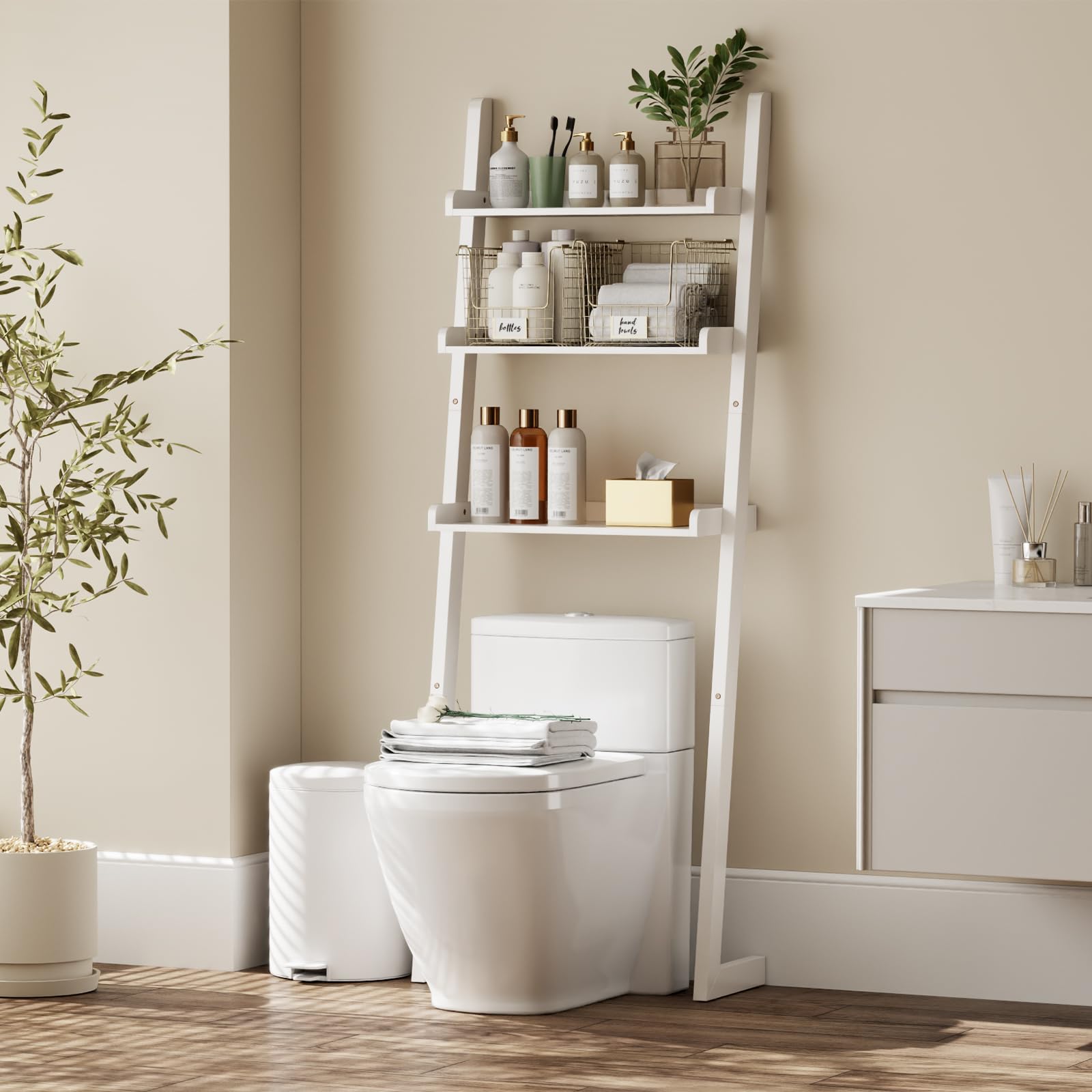 YQJJGL Over Toilet Storage Shelf Wood, 3-Tier Above Toilet Organizer Rack, Freestanding Storage Shelf for Bathroom, Laundry, White Color