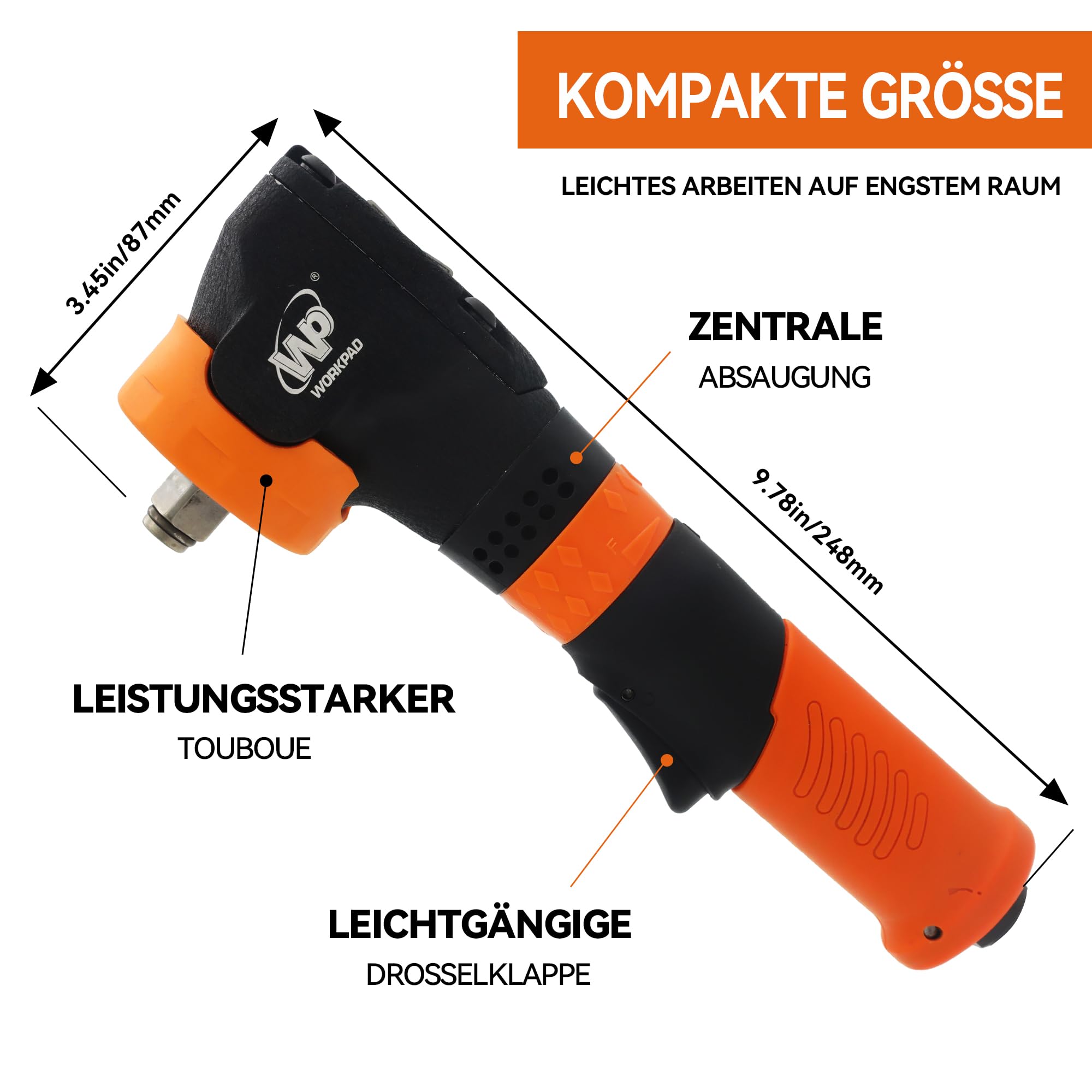 WORKPAD pneumatyczna wkrętarka udarowa, moment zwalniający 370 FT-LB, uchwyt o długości 25 cm, lekki młotek 1,4 kg z wysokim momentem obrotowym, klucz udarowy, sprężone powietrze.