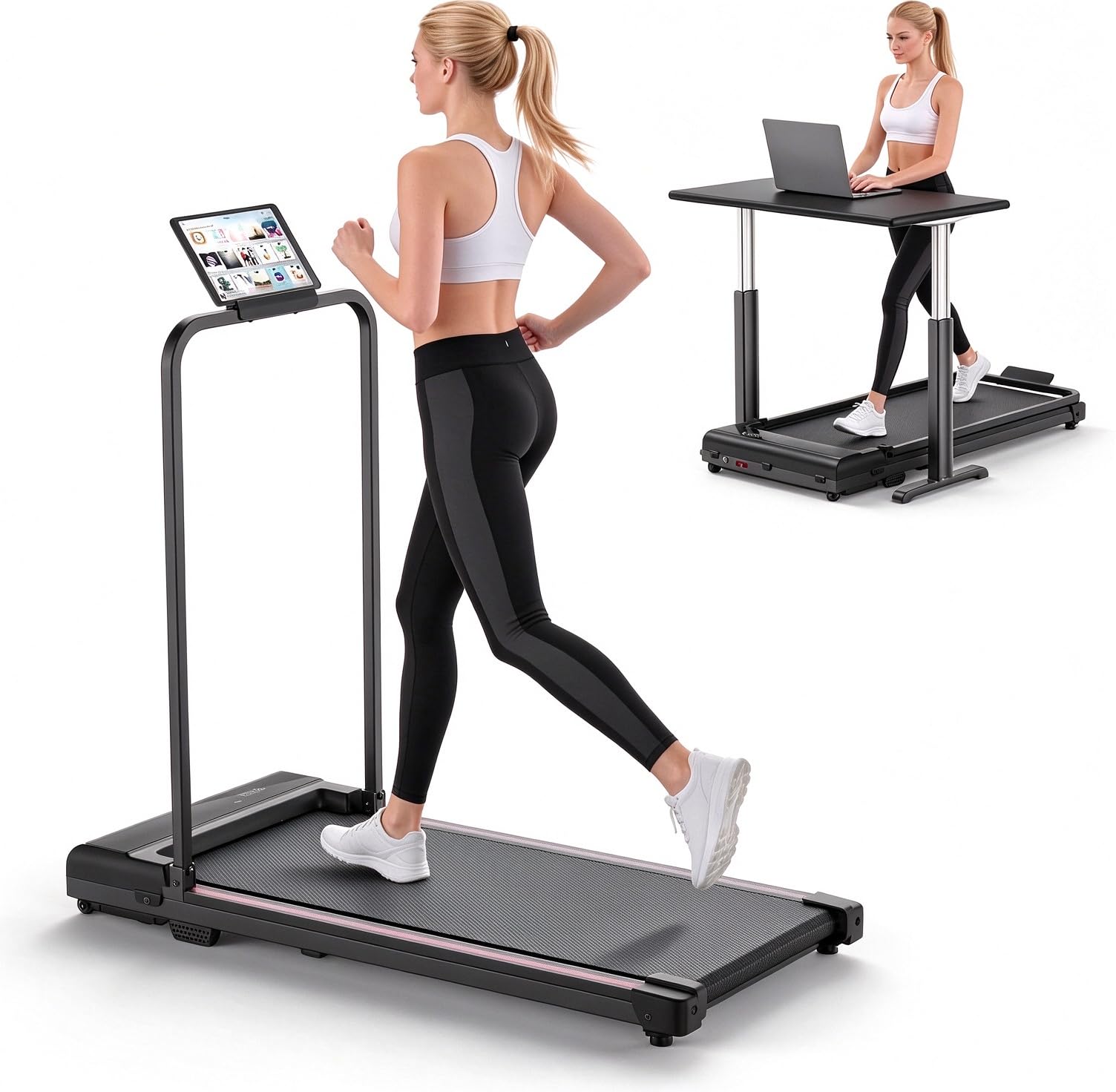Walking Pad Treadmill for Home - Foldable Treadmills with Handle Bar Mini Portable Walk Pads Under Desk Small Spaces Compact Folding Electric Treadmills Office Walking and Running Machine Terluxra Black