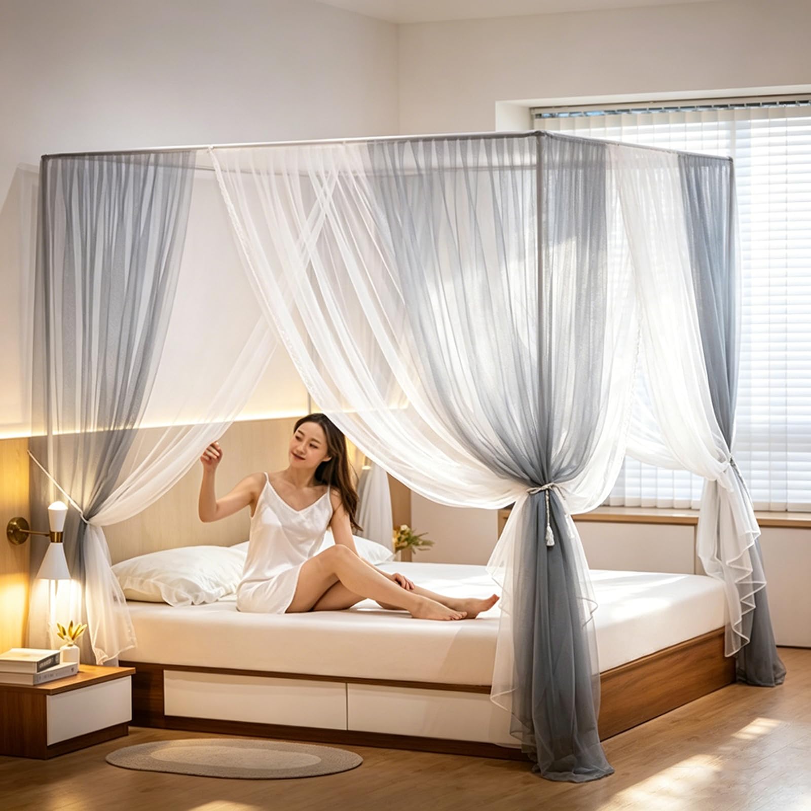 Baldaquin de Lit à Princess à 4 Montants Moustiquaire Douillette à Double Épaisseur pour Décoration de Chambre à Coucher(59" W x 78" L, Blue)