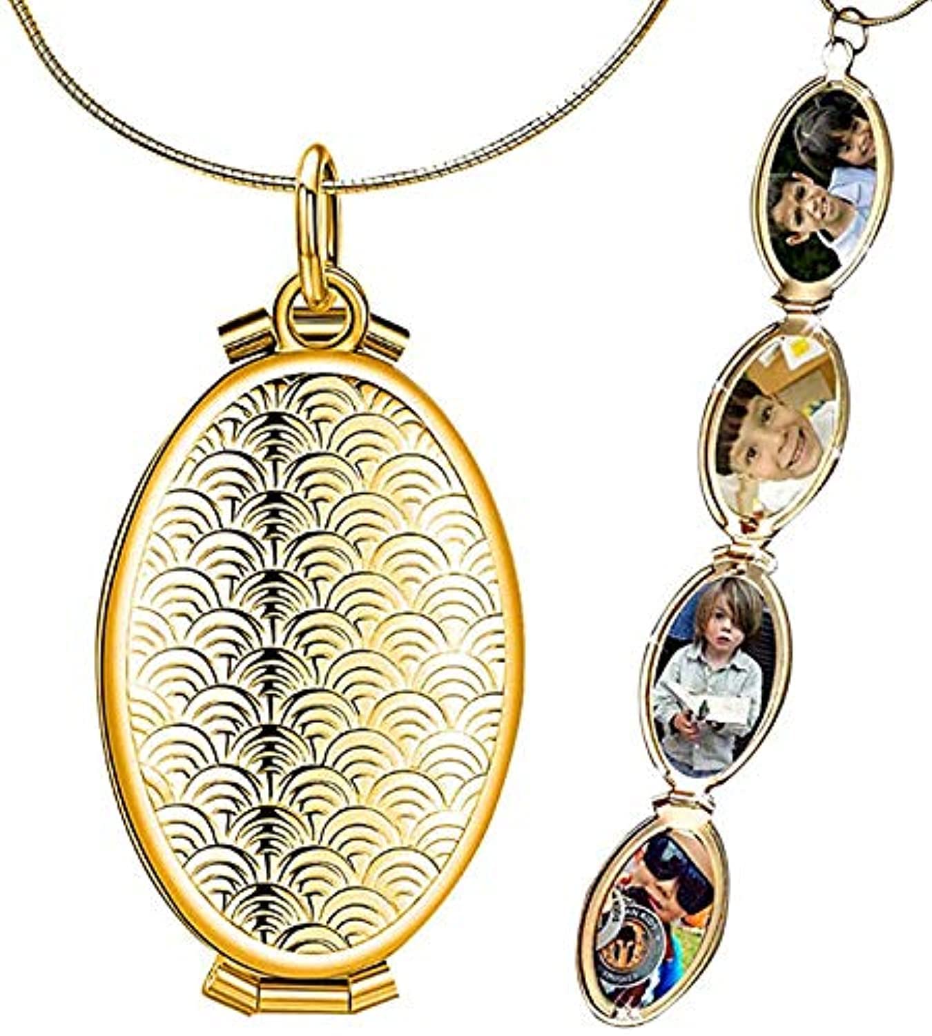 Expanding Photo Locket Necklace Pendant 4 Pictures Chain Necklaces Memorial Gifts for Women Girls (18K Gold Plated Style #1)