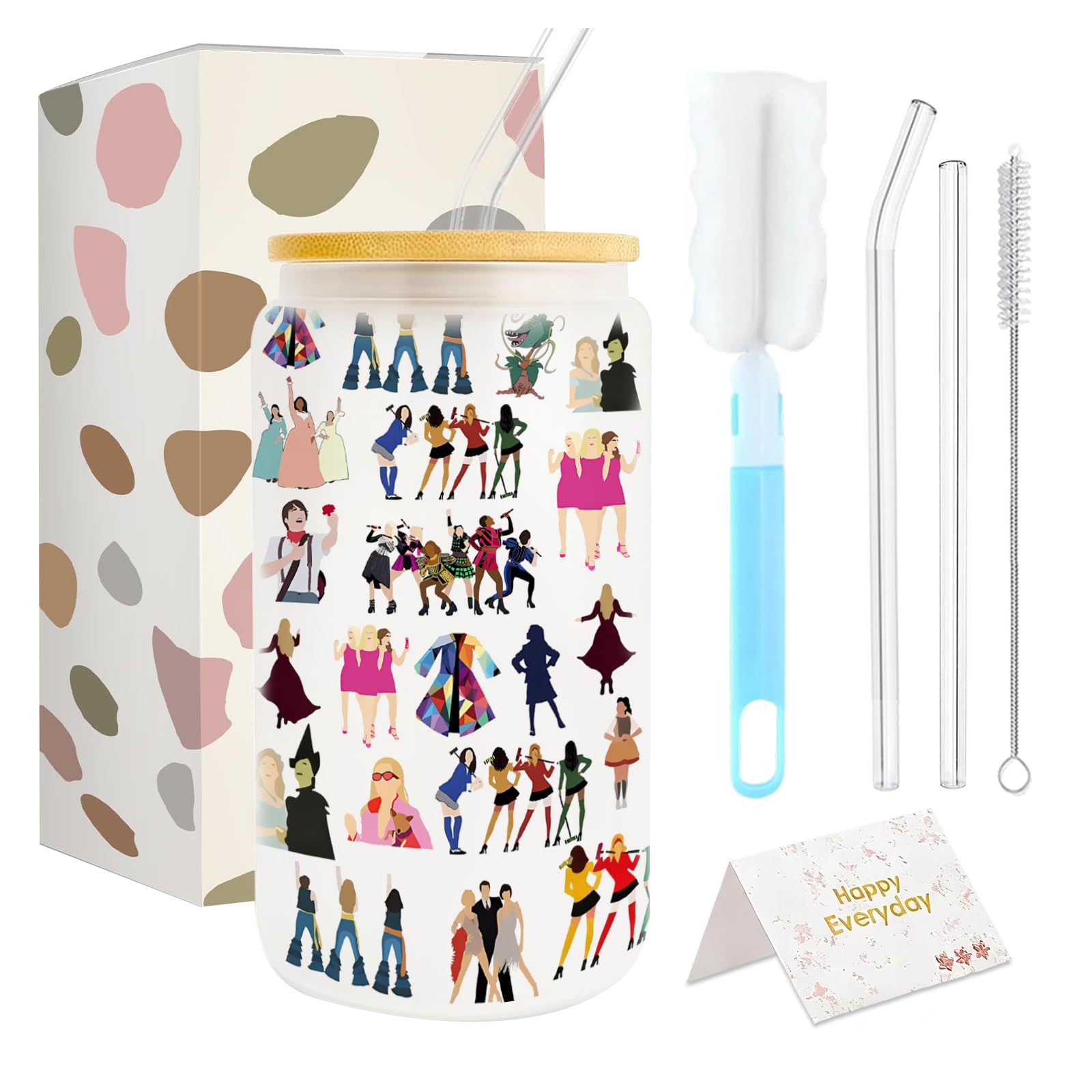 Joalpysm Iced Coffee Cup, Broadway Character Musical Glass Cups with Lids and Straws, Ice Coffee Cup with Color Box and Card for Children, Partners, Parents, Friends, Fans, Theater Enthusiasts.