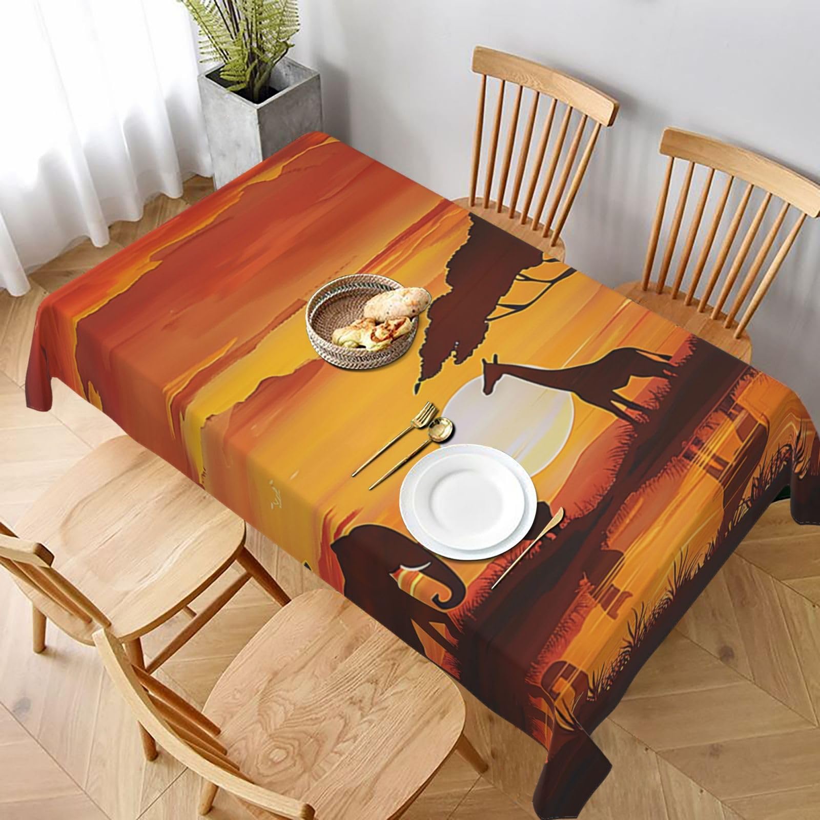 WPKJU Elephant and Giraffe in The Sunset Printed Tablecloth 60x90 in Water Resistant Table Cover Washable Rectangle Table Cloth for Dining Tables